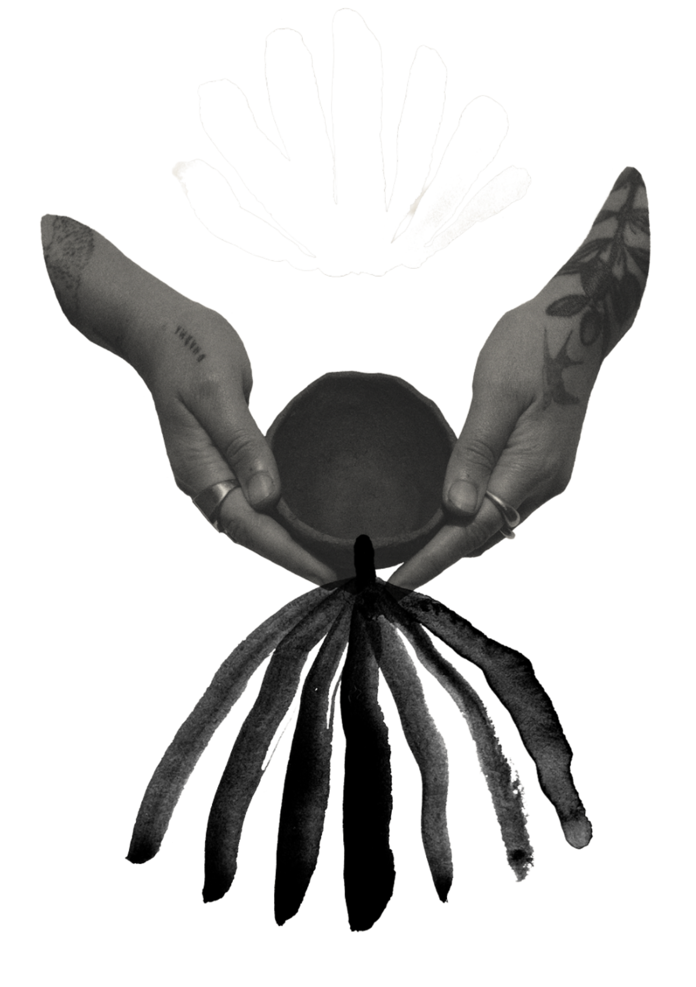 Black and white collage of a person's hands with tattoos holding a pot, with a stylized plant or flower shape emerging from it, and a leafy branch hanging below.