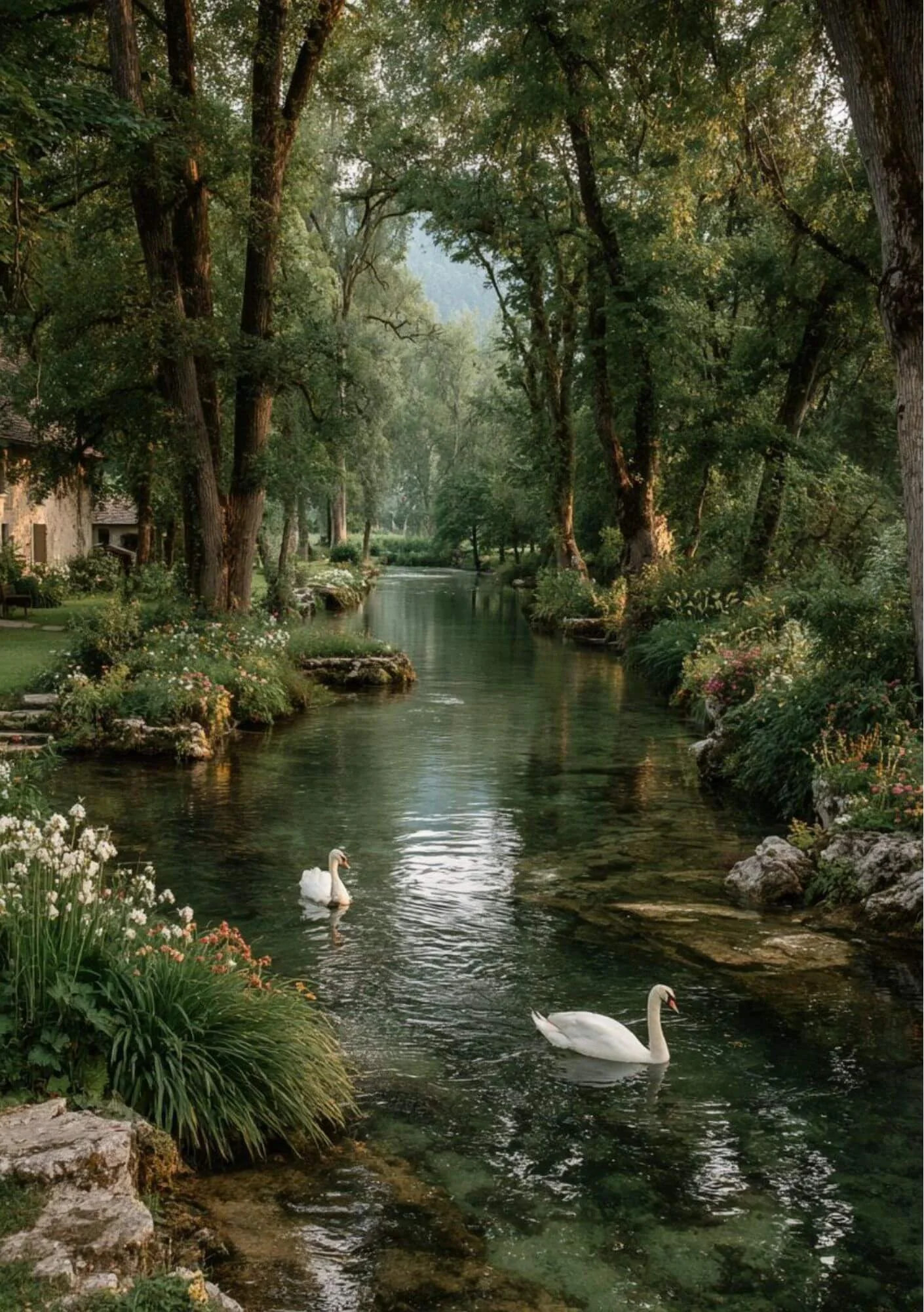 A peaceful scene of a narrow, calm river surrounded by lush greenery, tall trees, and colorful flowers, with two white swans swimming in the water.