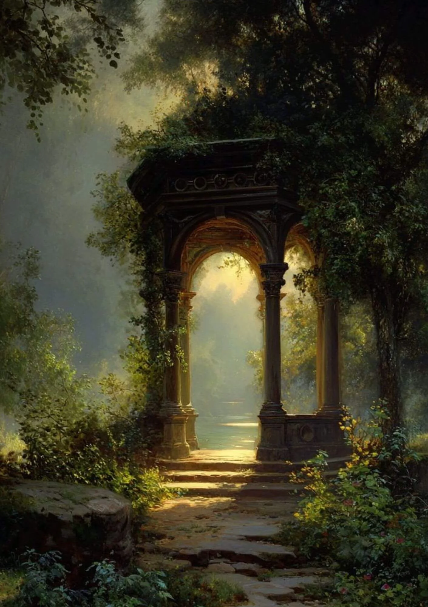 A stone pathway leading to an ornate, open-air archway surrounded by lush greenery with sunlight filtering through trees.