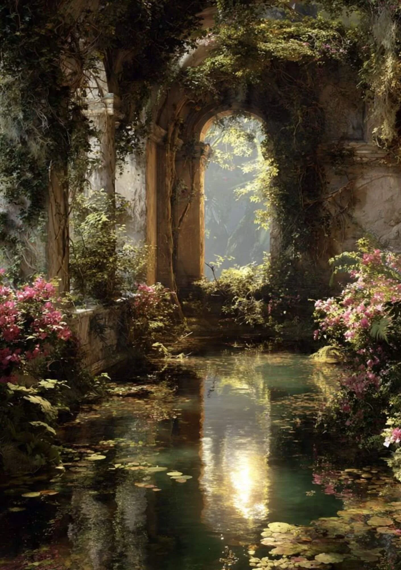 A lush, overgrown natural scene featuring a gentle stream with lily pads, leading to an ancient, vine-covered stone archway illuminated by soft sunlight.