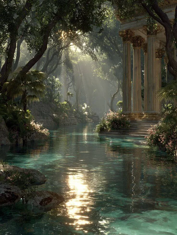 Sunlight filters through trees onto a serene waterway with steps leading to a structure with classical columns, surrounded by lush greenery and flowers.