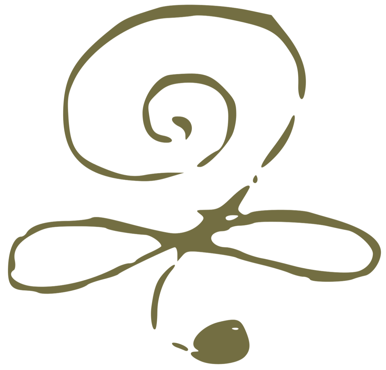 A simple, stylized drawing of a dragonfly with elongated wings and an oval-shaped body.