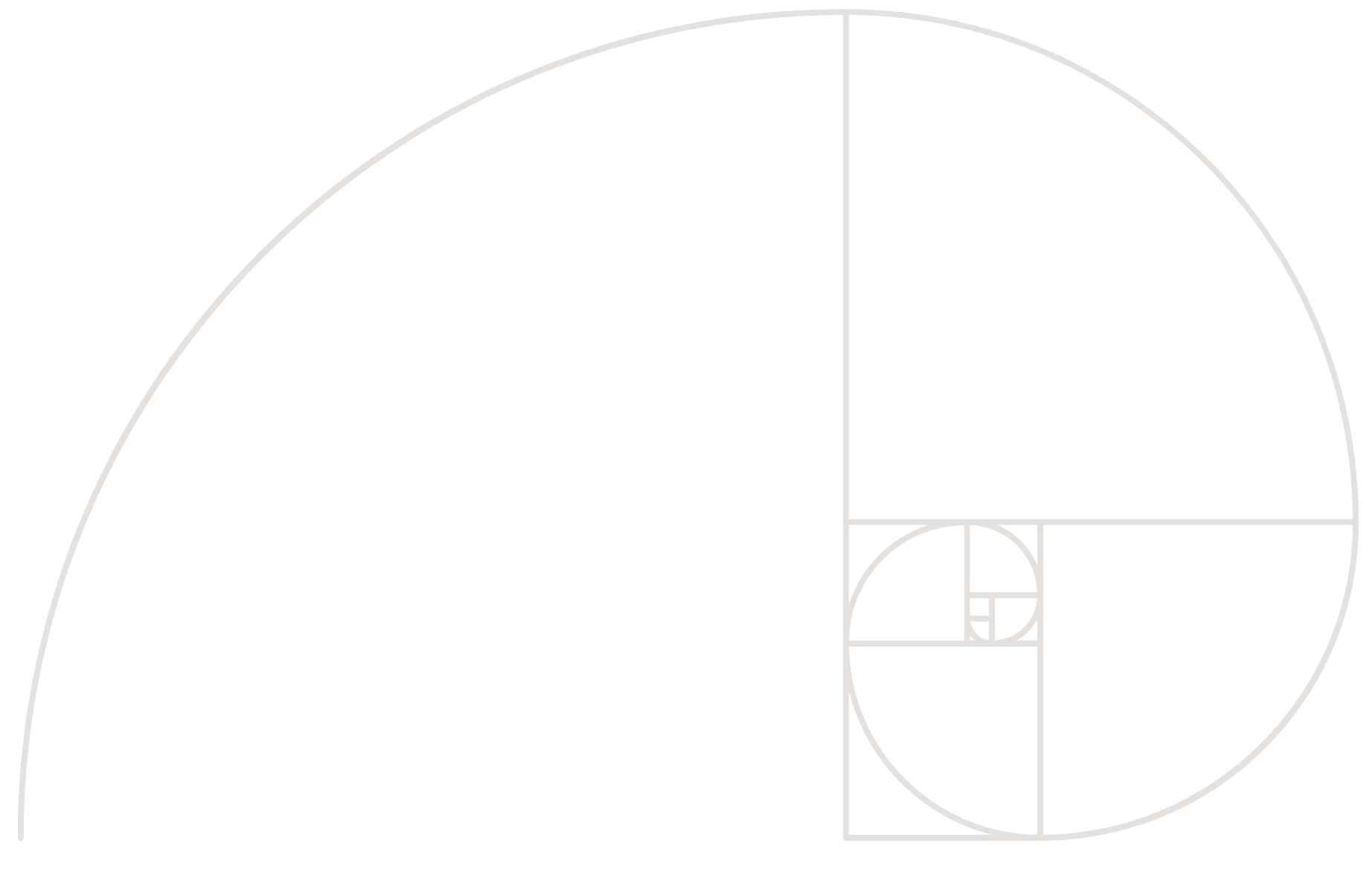 A golden Fibonacci spiral with labeled points and dimensions, showing the progression of squares and arcs within a rectangle.