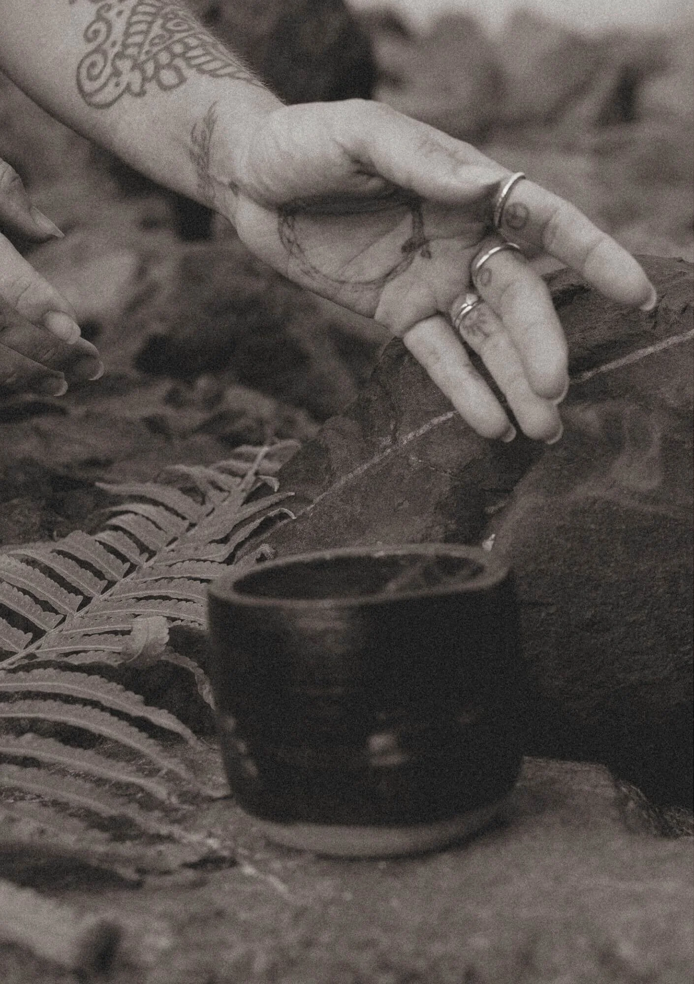 Close-up of a hand with multiple rings, tattoos, and a tattooed arm, reaching towards a small cup on a textured surface, with a fern leaf nearby.