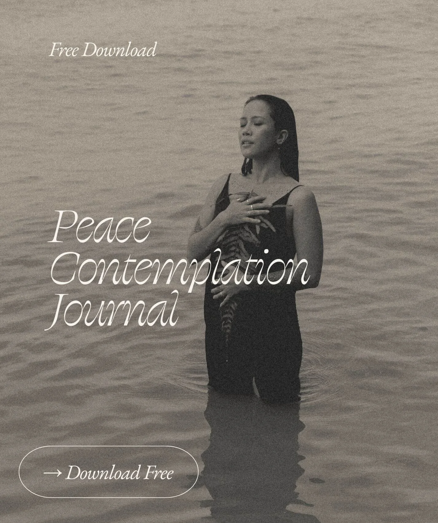 A woman standing in water at the beach with her hand over her chest, holding a snake. The image has overlay text promoting a journal for peace and contemplation, with a free download button.