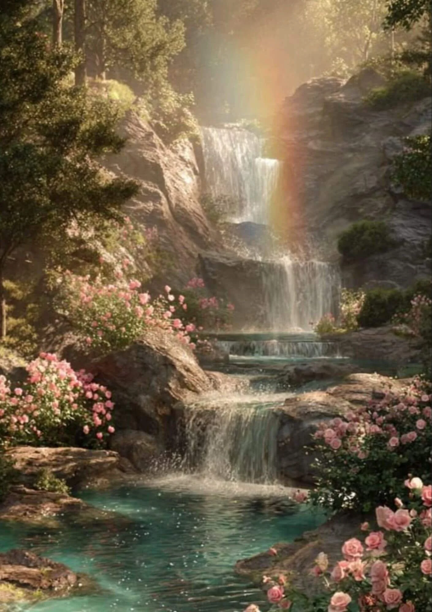 A serene landscape featuring a multi-tiered waterfall flowing into a clear blue pond surrounded by lush greenery and pink flowers. Sunlight creates a rainbow effect.