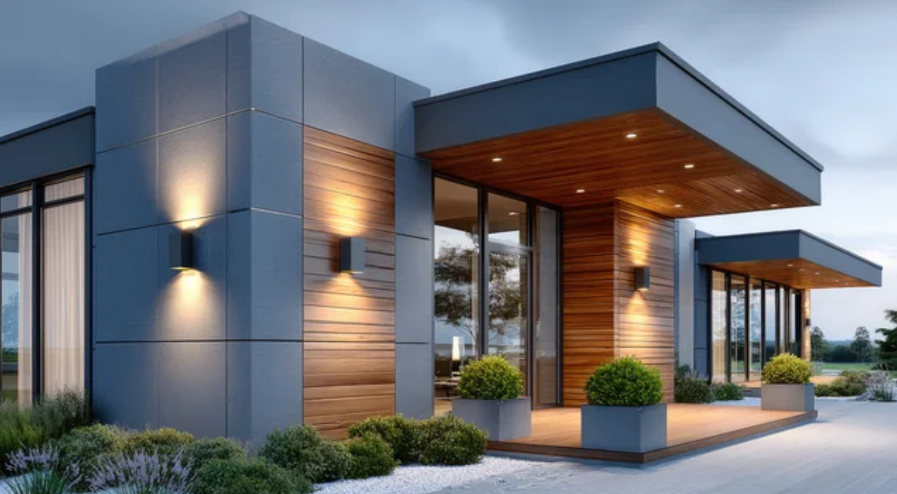 Modern house with exterior lighting, wooden and metal facade, large glass windows, and a porch surrounded by landscaped bushes.
