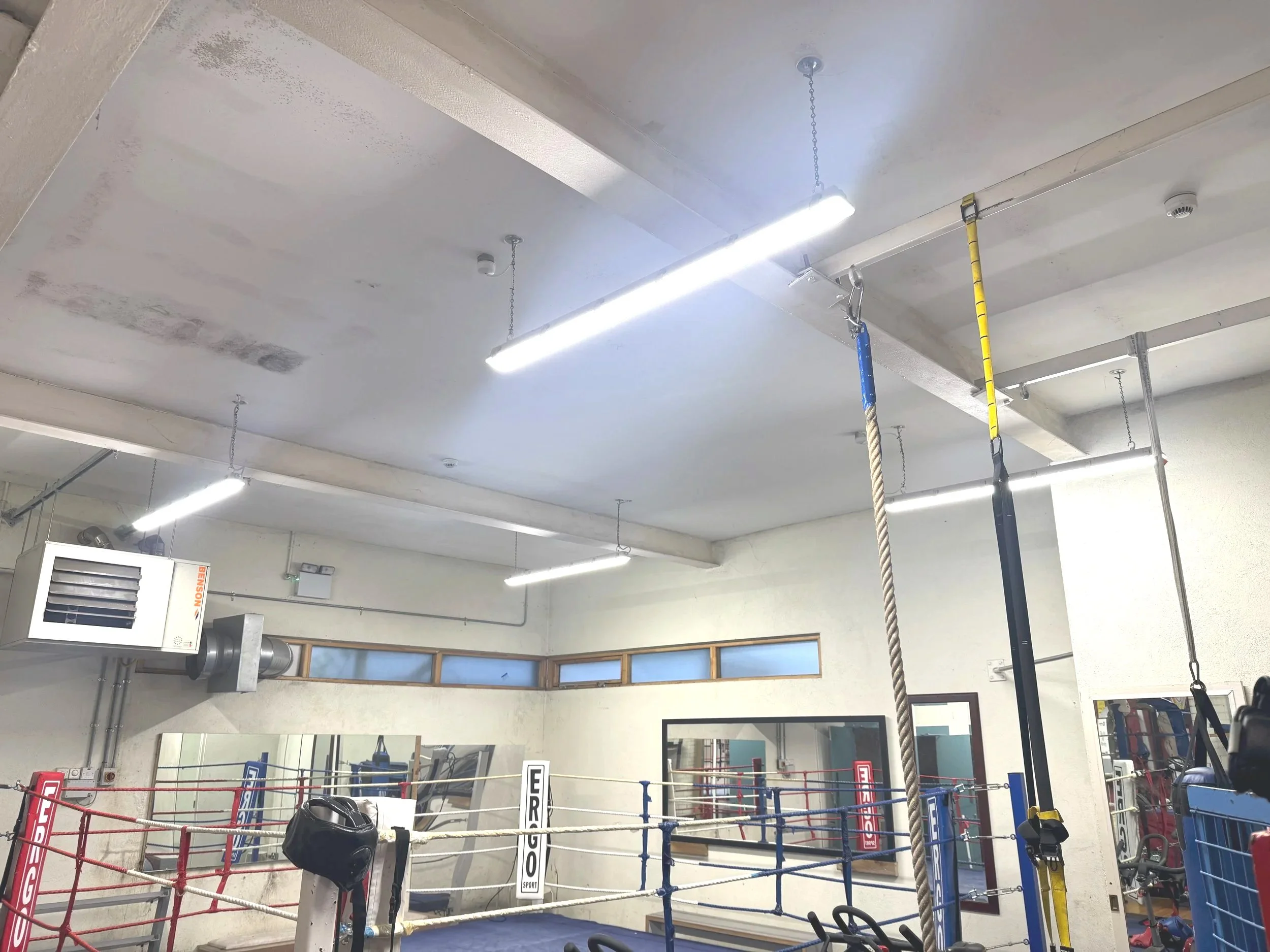 An empty boxing gym with a boxing ring, punching bags, mirrors, and gym equipment, illuminated by fluorescent lights.