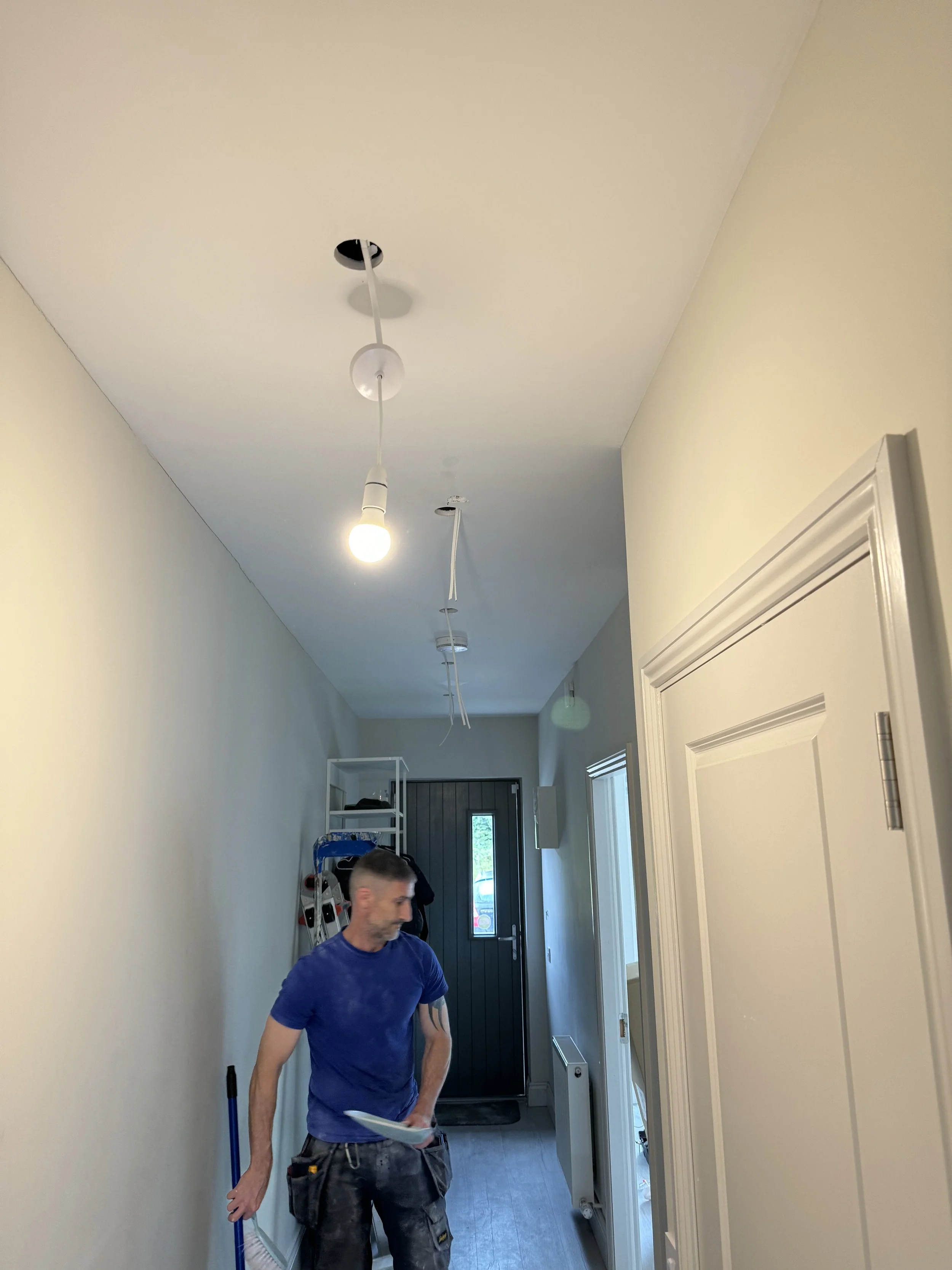 First fix downlights hallway and cleanup so as not to walk the plaster and dust around the remainder of the home