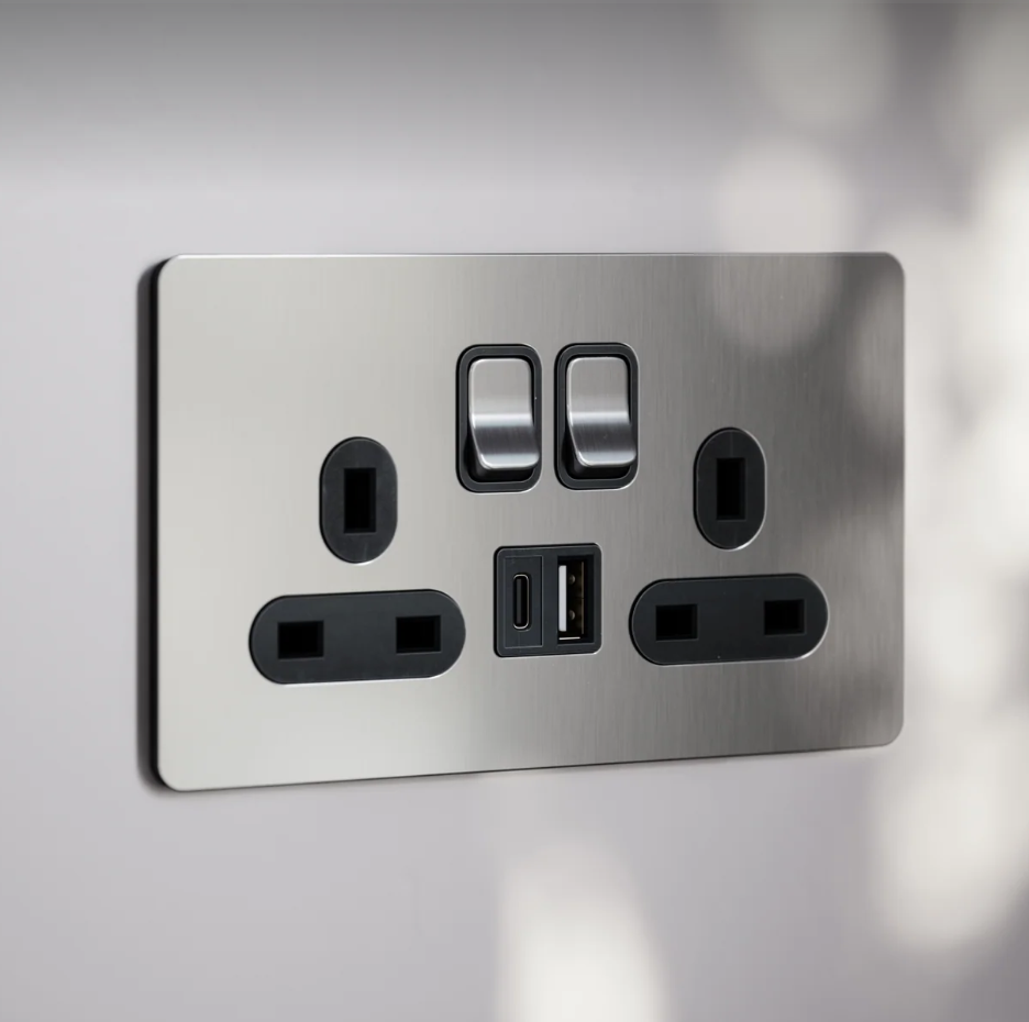 A modern electric power outlet with two UK-style sockets, two switches, and two USB ports on a metallic plate.