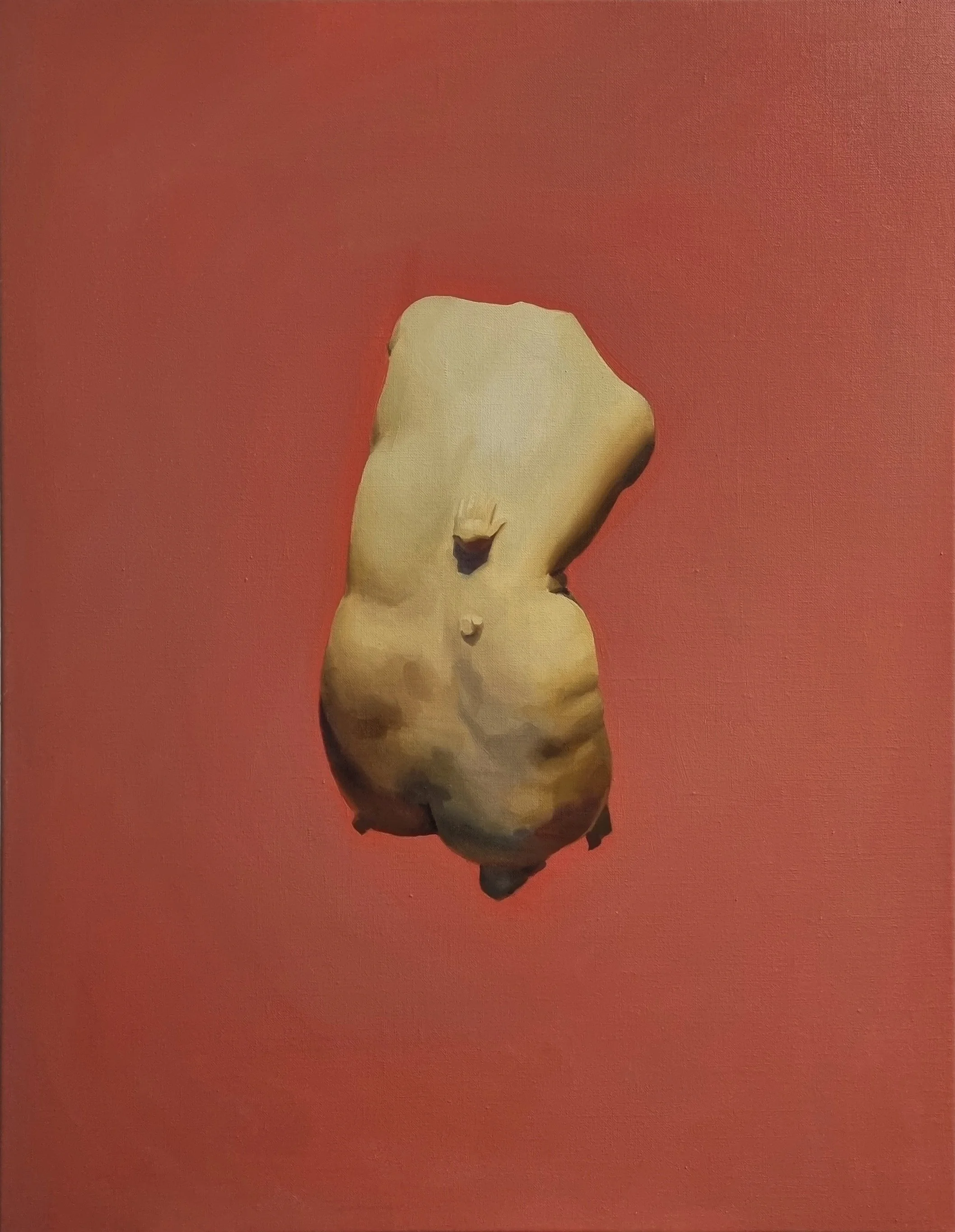 A painting of a classical sculpture of a female torso with missing arms and head, displayed against a red background.