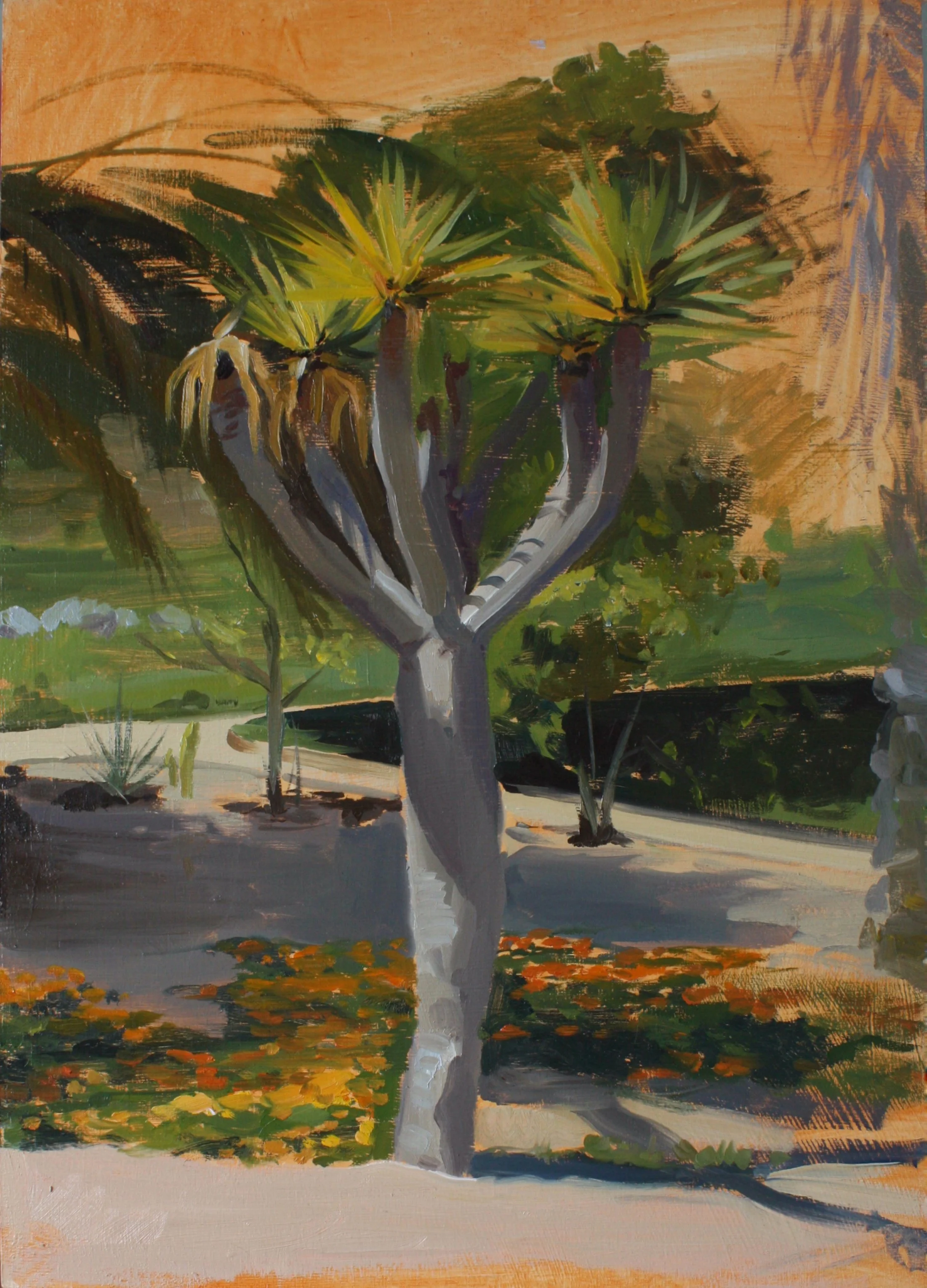 Painting of a desert landscape with a tall, leafy tree, cacti, and dry ground with fallen leaves.