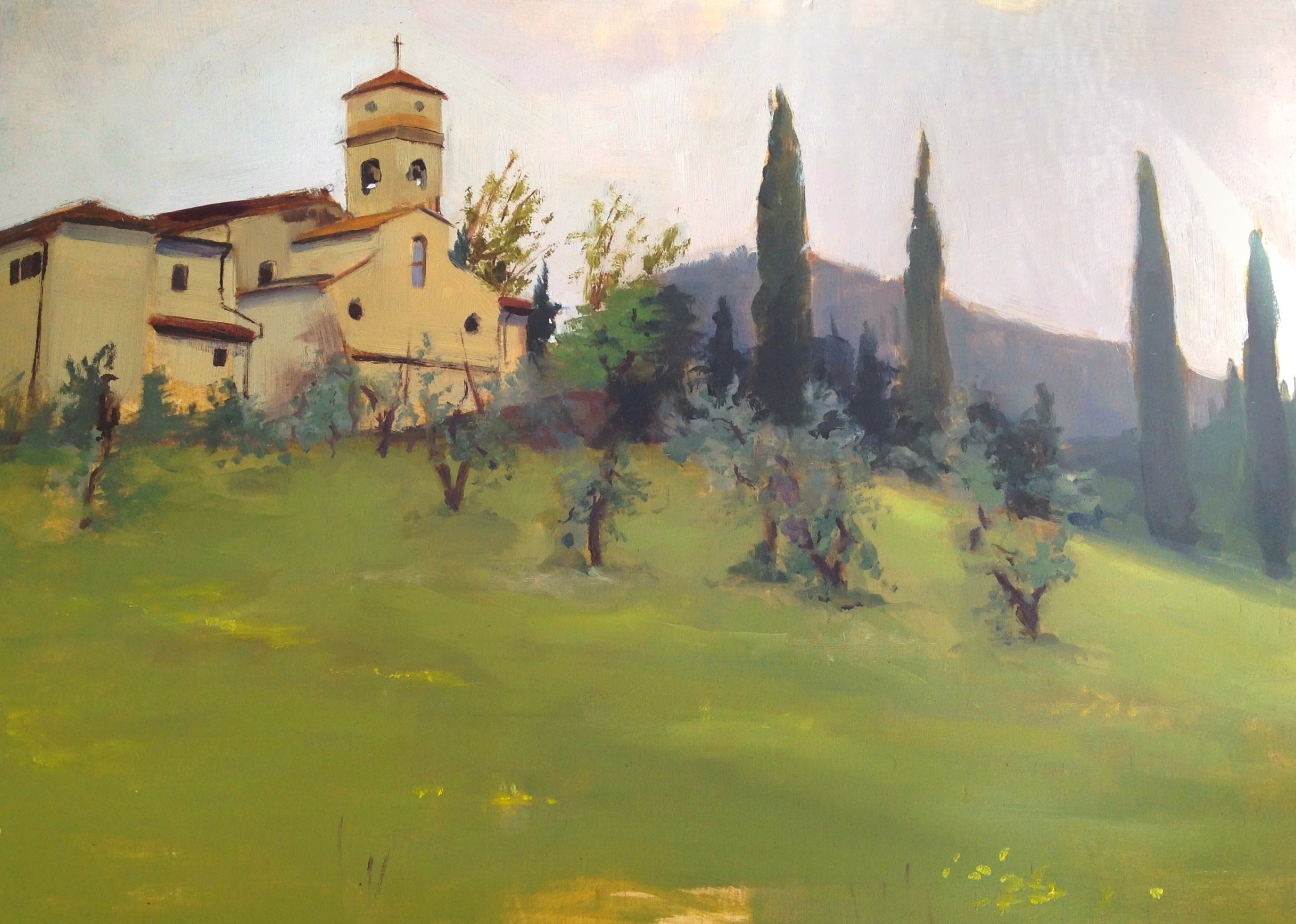 Painting of a hillside scene with a church and tall cypress trees, with a green grassy foreground and a pastel sky.