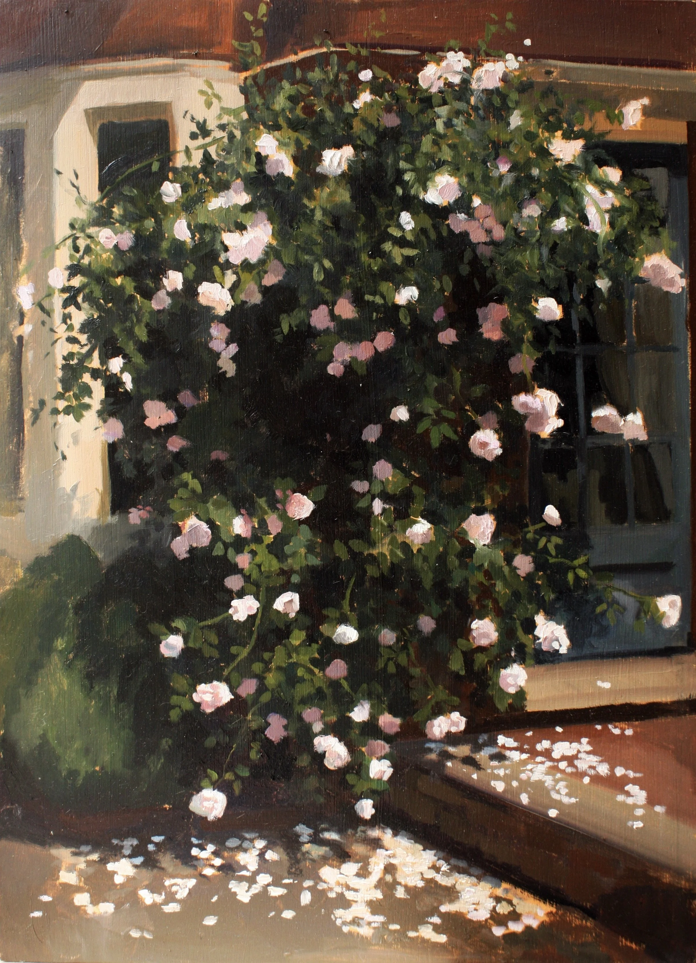 Painted scene of a flowering bush with pink and white blossoms sitting next to a house with a window and a door.