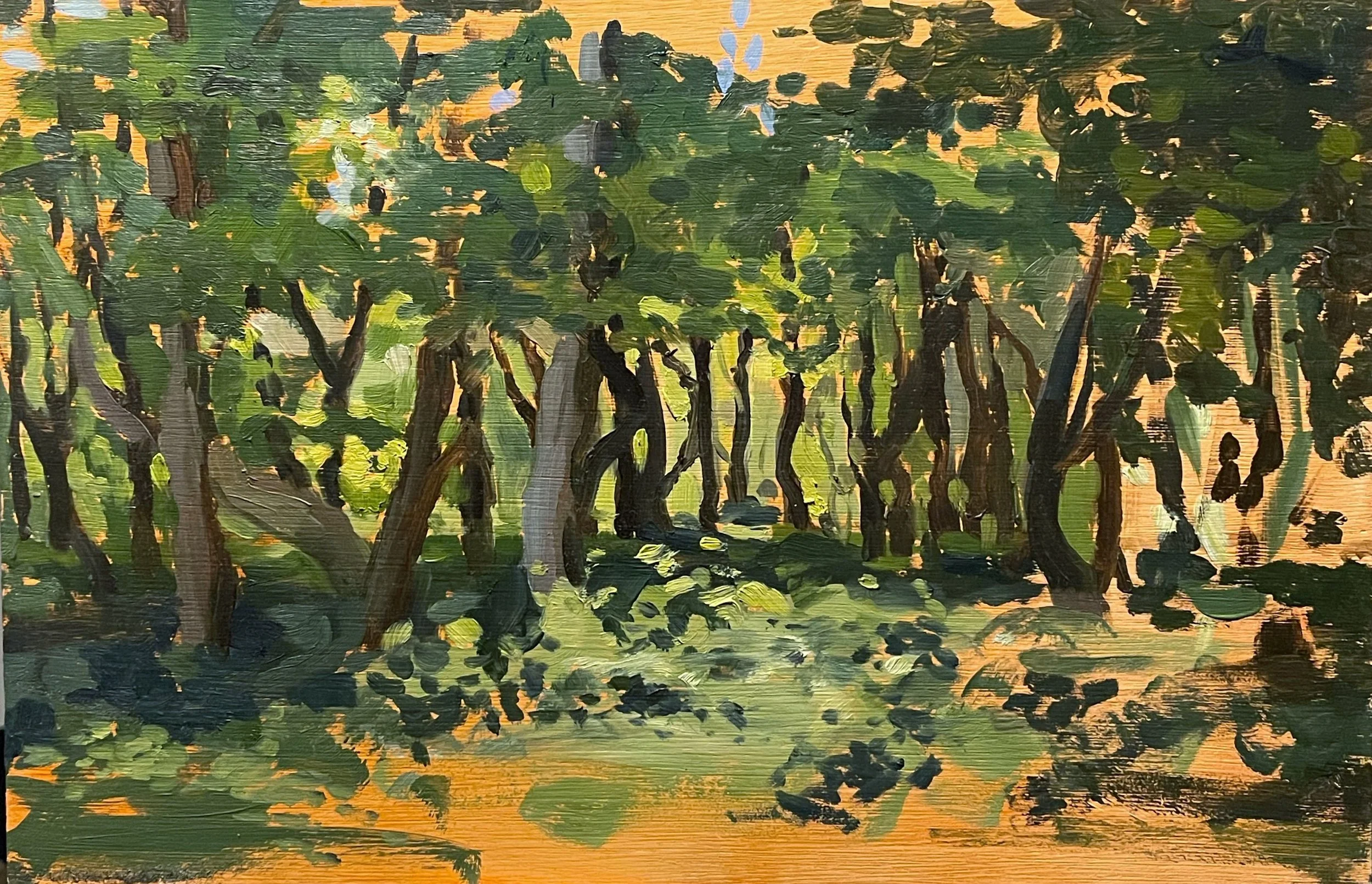 Painting of a lush green forest pathway with tall trees and leaves, under warm sunlight.