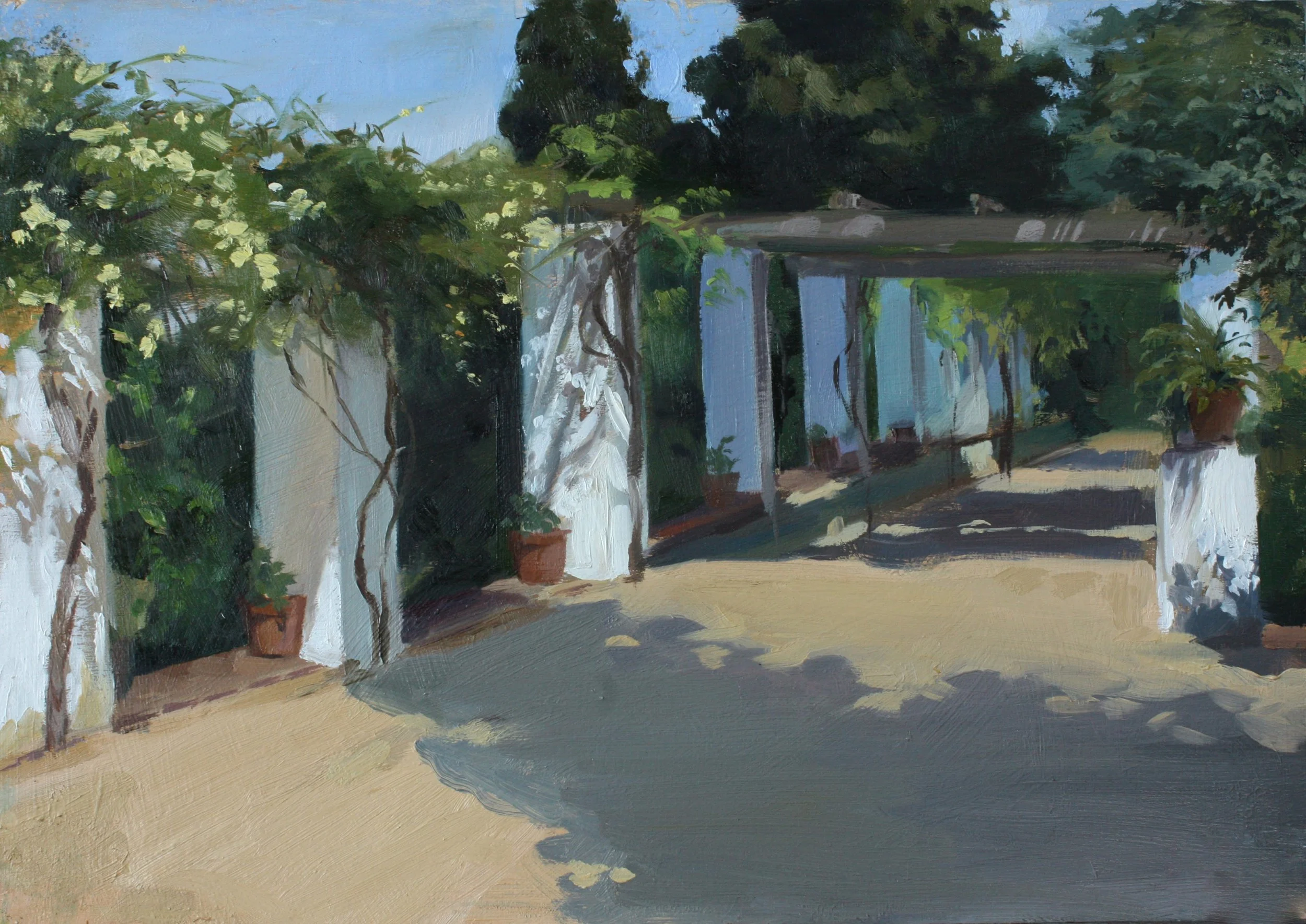Painting of a shaded outdoor area with white columns, potted plants, and greenery.