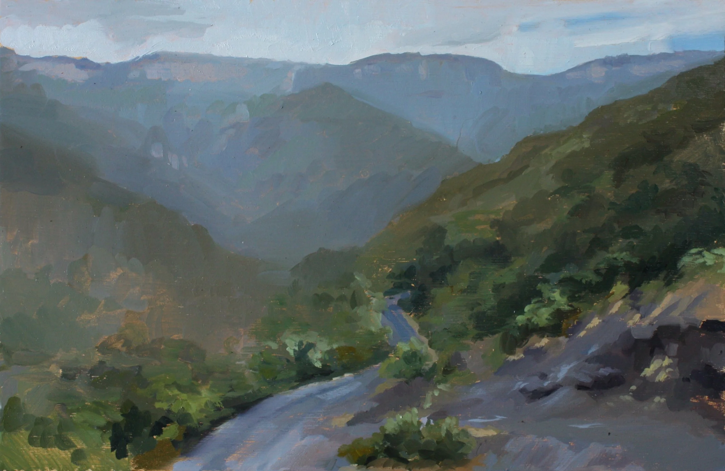 A painting of a mountain valley with a river running through it, lush green trees on both sides, and distant mountains under a cloudy sky.