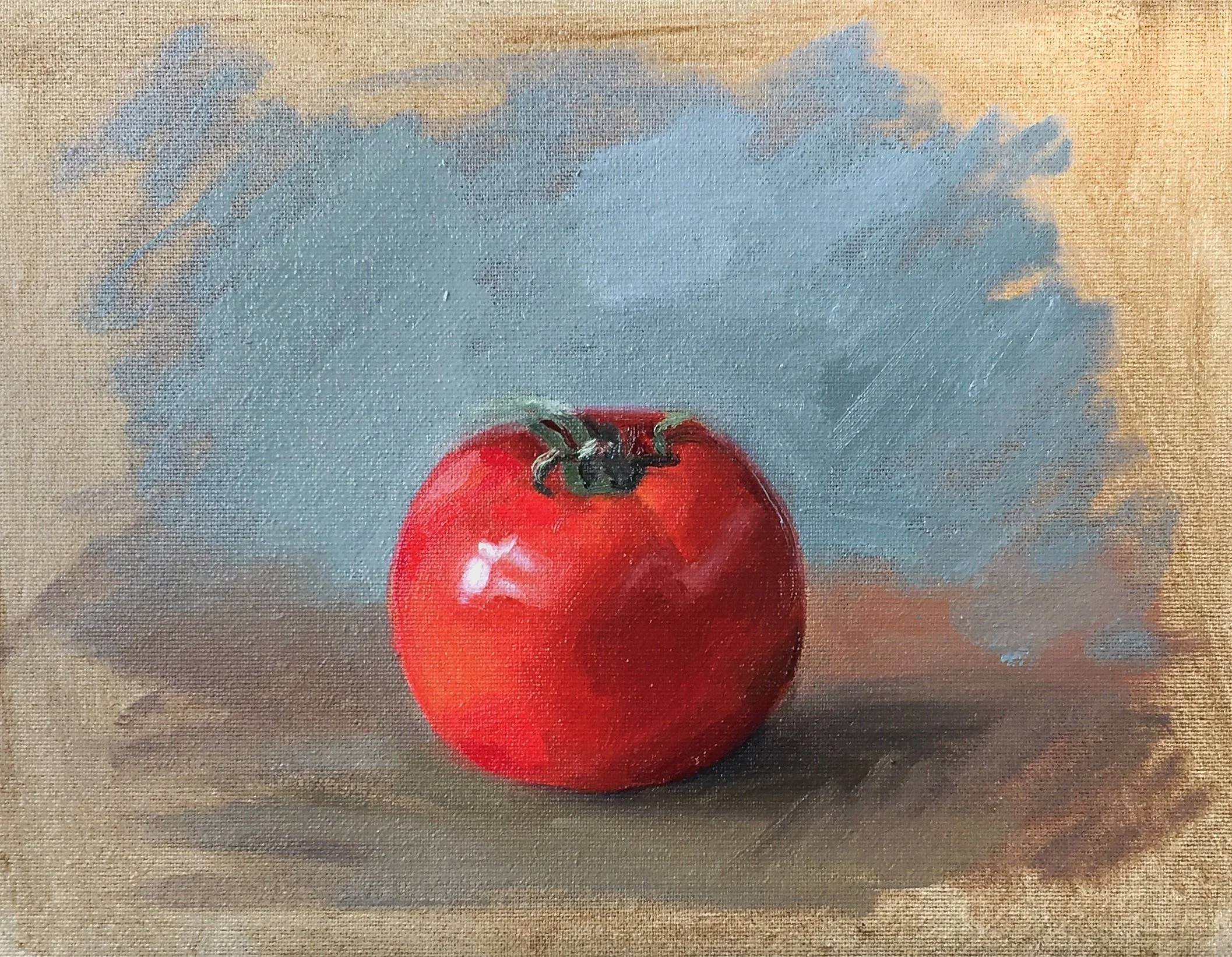 Oil painting of a red tomato on a wooden surface with a blue brushstroke background.