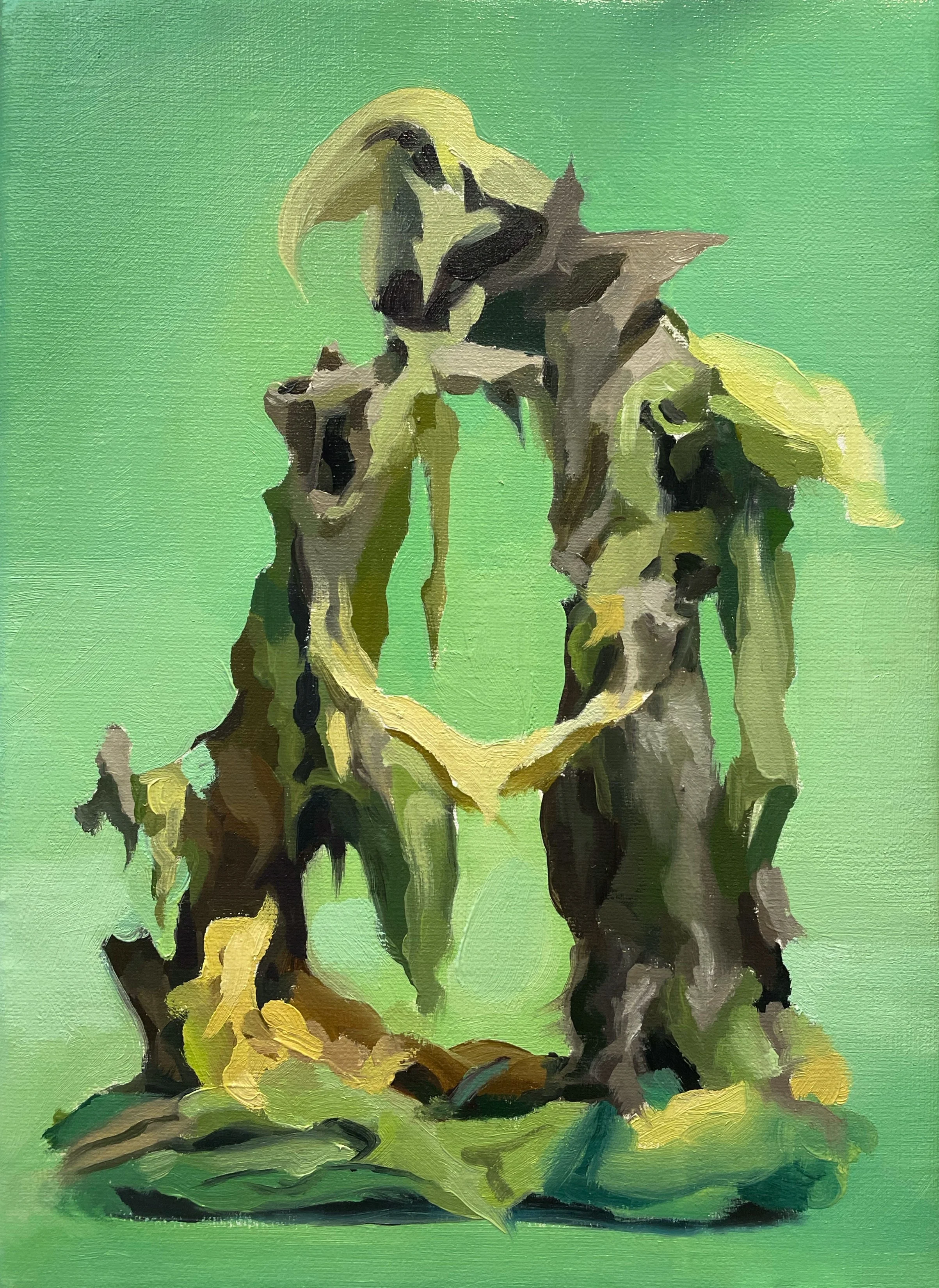 Abstract painting of a twisted, hollow plant or tree trunk with gnarled branches in shades of yellow, brown, green, and black against a green background.