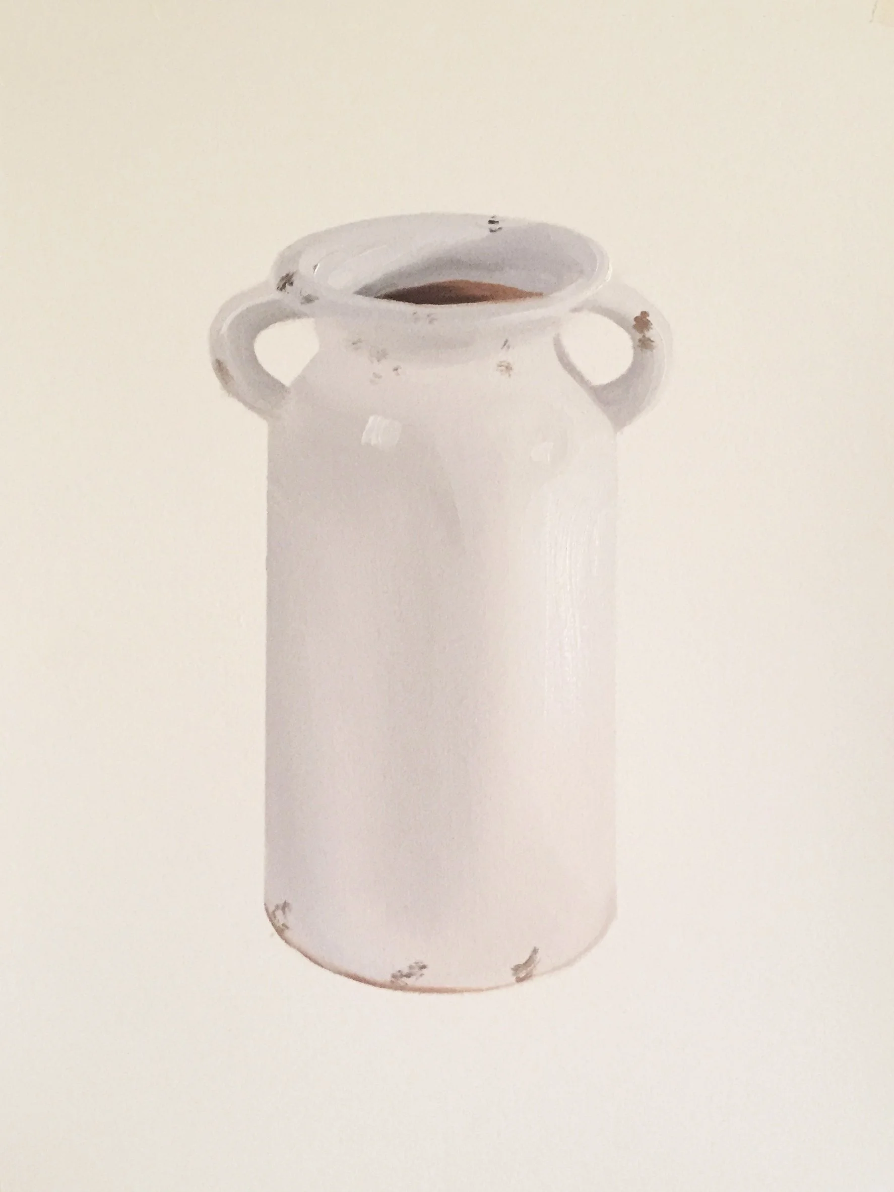 Oil painting of a white ceramic vase with two handles, against a plain light background.