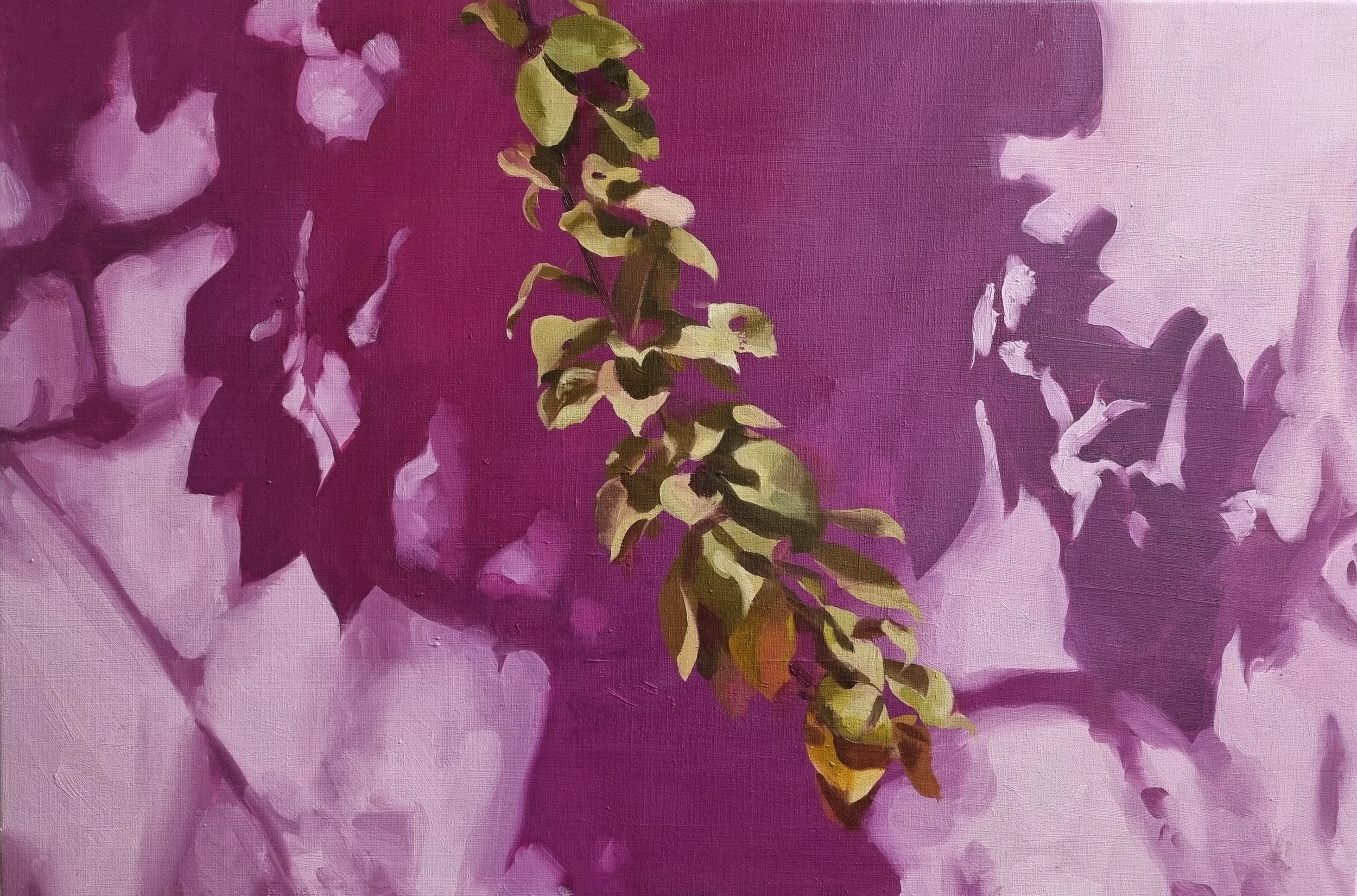 Abstract painting of purple and pink tones with green leaves in the center.