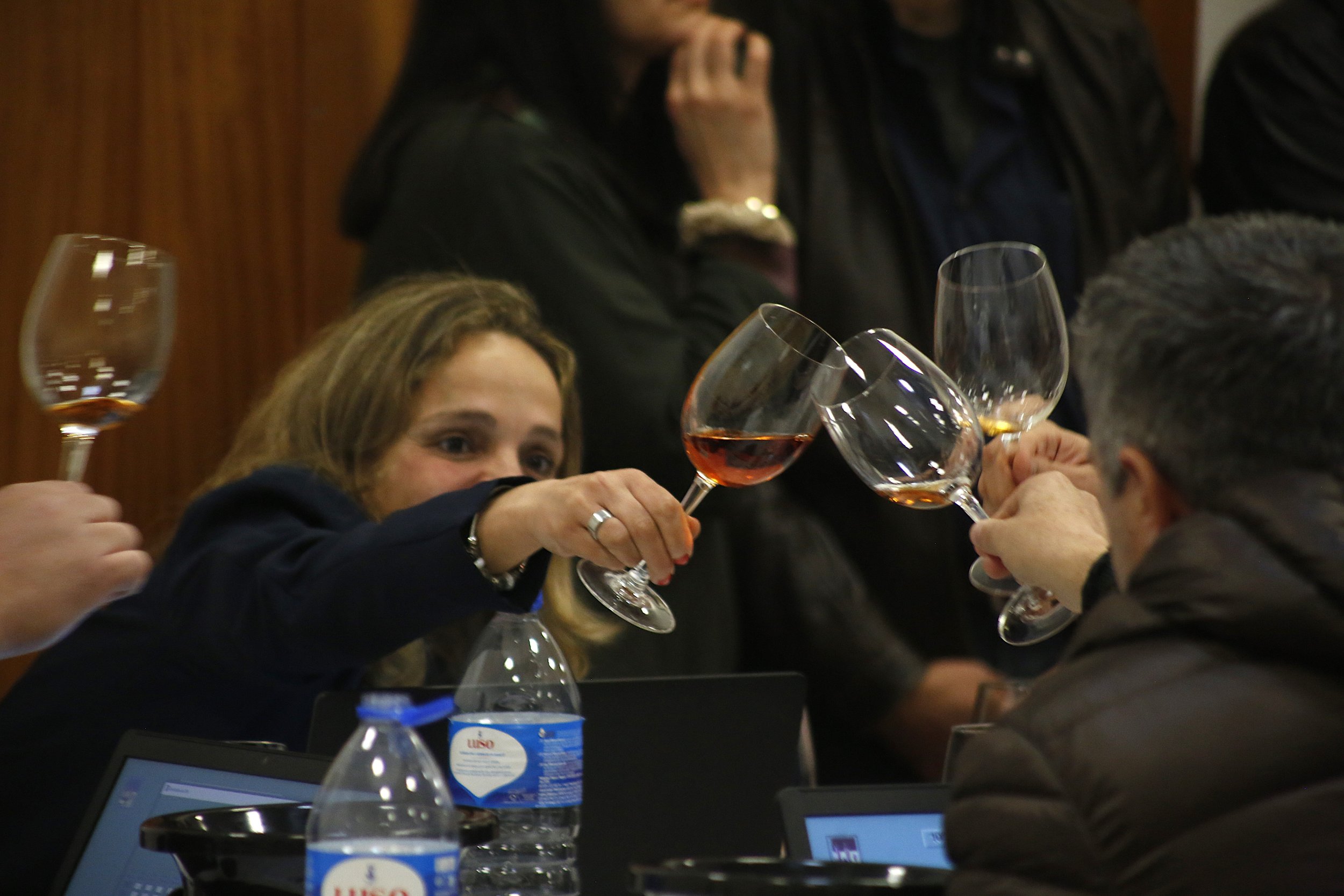 Pessoas brindando com taças de vinho tinto em ambiente de confraternização.