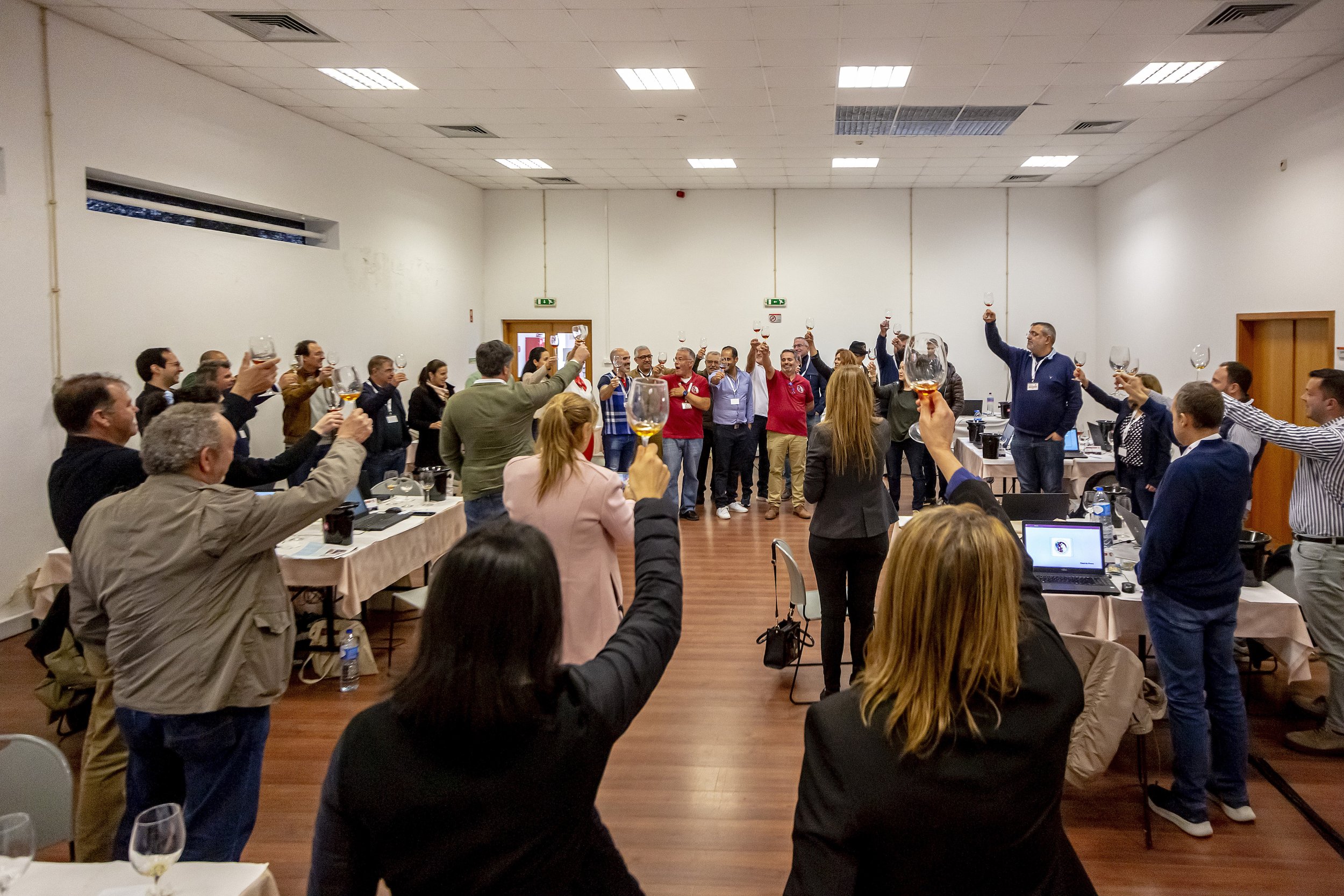 Reunião de pessoas em um ambiente fechado, com todas levantando taças de vinho para brindar, formando um círculo.
