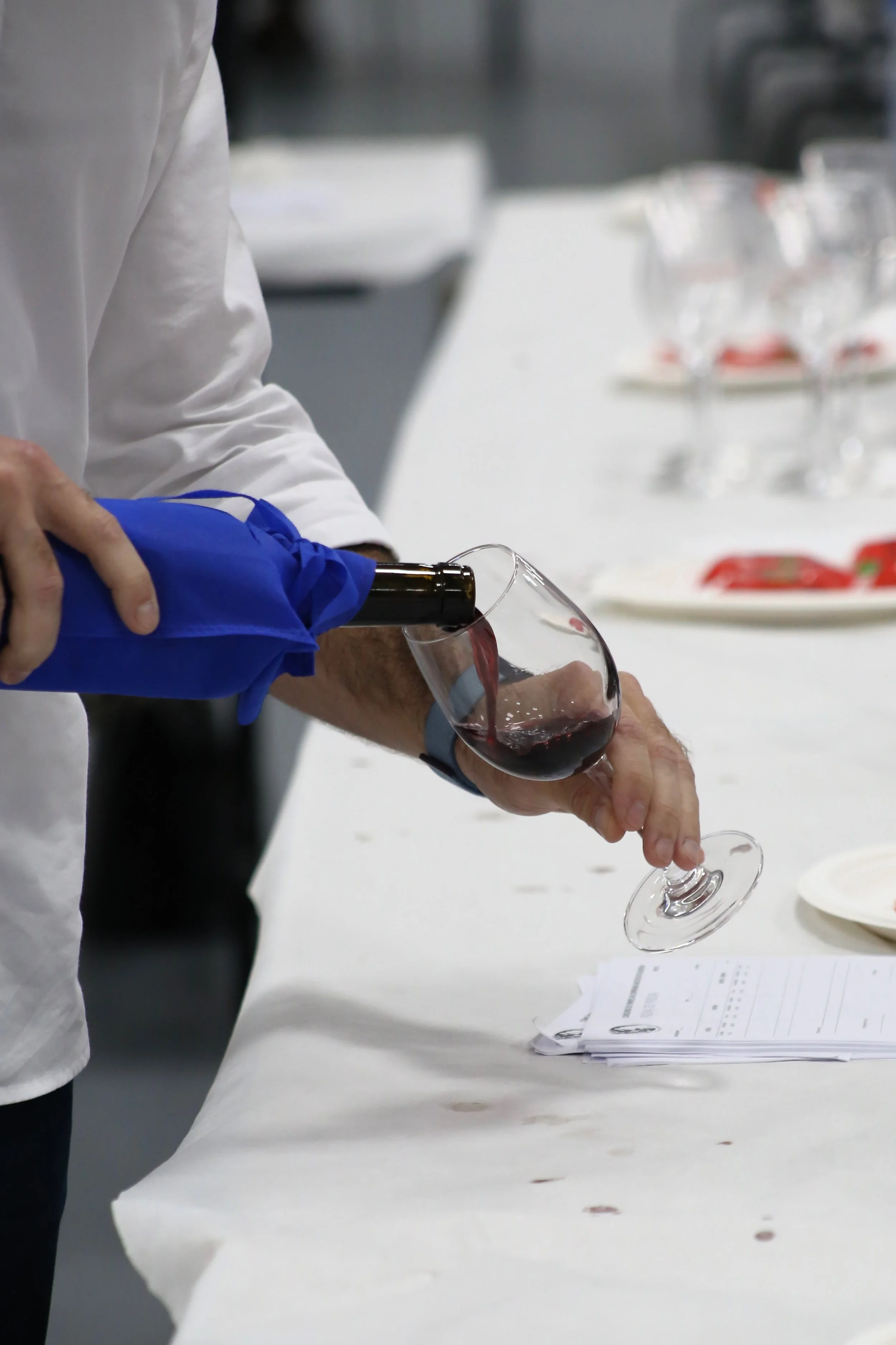 Pessoa servindo vinho tinto em uma taça em uma mesa com algumas folhas e pratos.