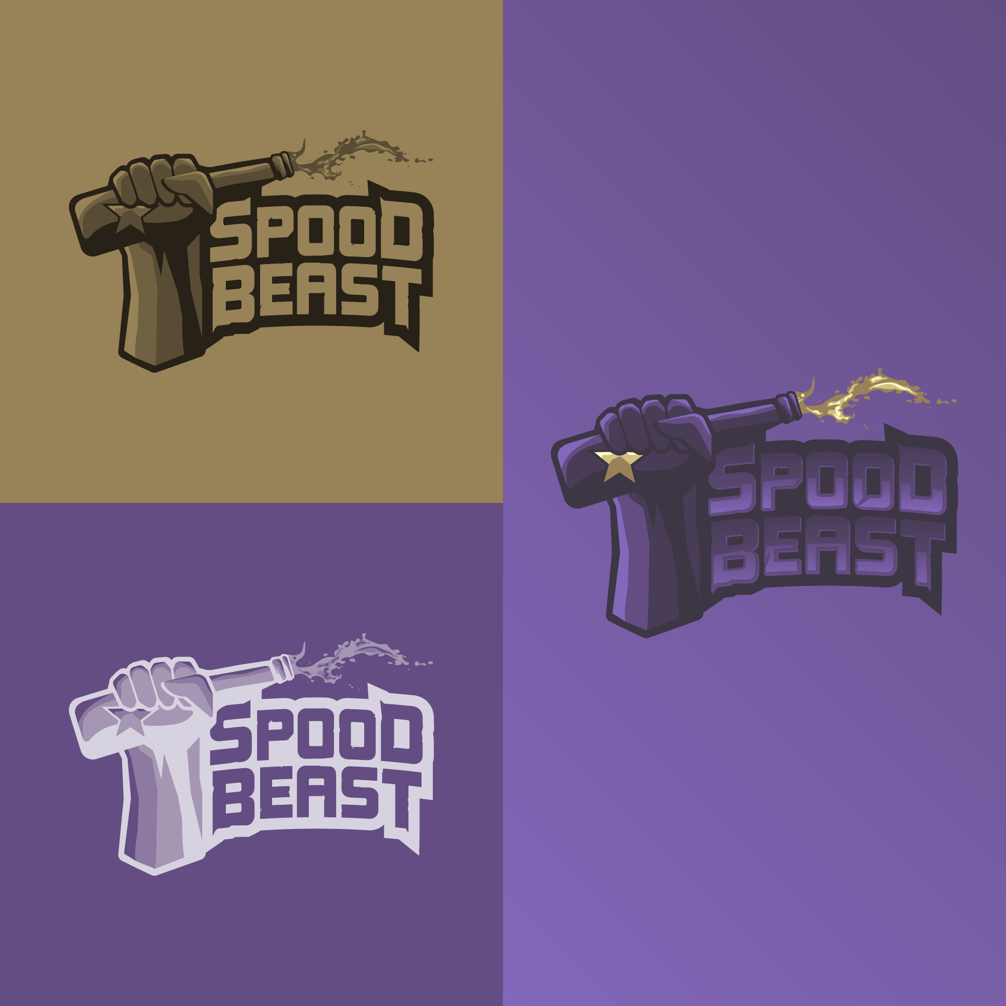 A digital graphic design featuring a hand holding a lit dynamite stick with the words 'SPOOD BEAST' on it. The design appears in three different color variations: brown with black text, purple with darker purple text, and white with purple text.