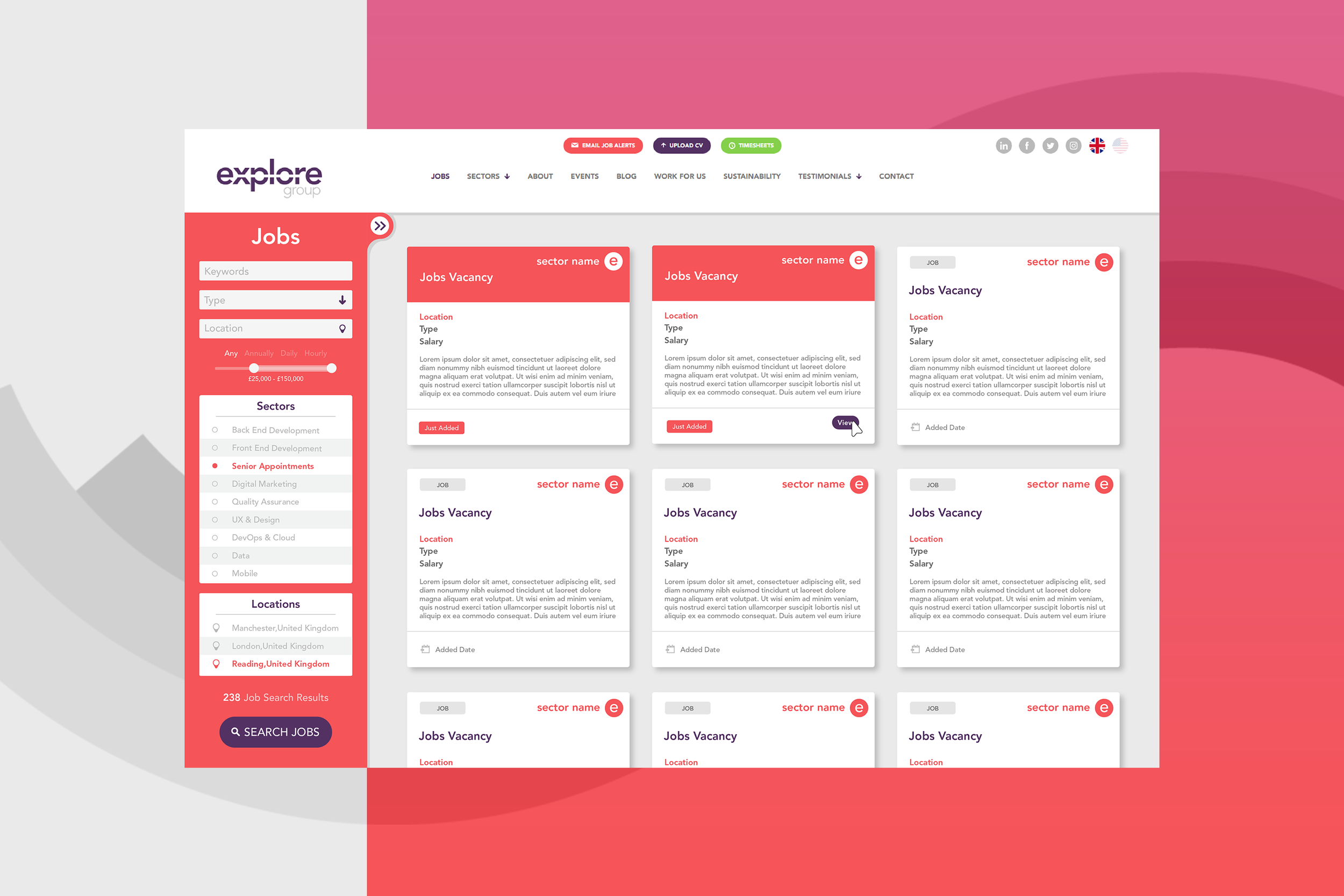 Screenshot of a job search website with a red and white color theme, showing job listings, search filters, and navigation menu.