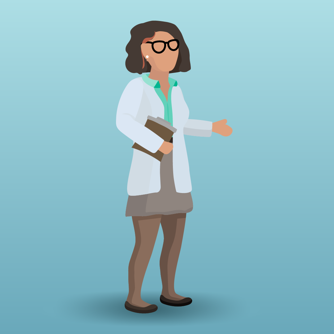 Illustration of a female scientist or doctor holding a clipboard, wearing glasses, a white lab coat, gray skirt, and brown tights, standing against a blue background.