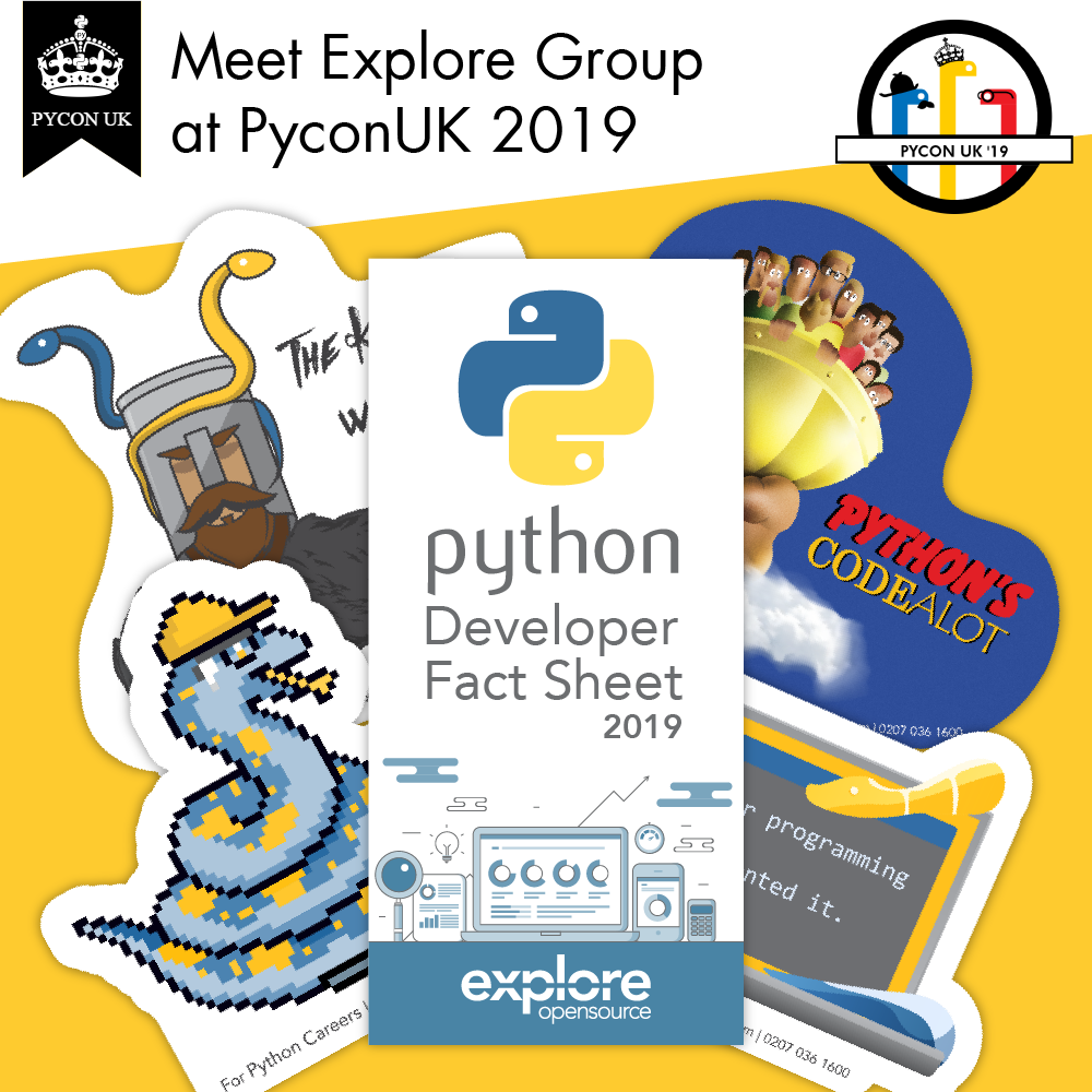 Cover of a Python developer fact sheet from 2019, surrounded by stickers related to Python programming, including a pixelated snake, a character with a bucket head, a yellow submarine with people, a blue and yellow logo, and a tablet with coding note