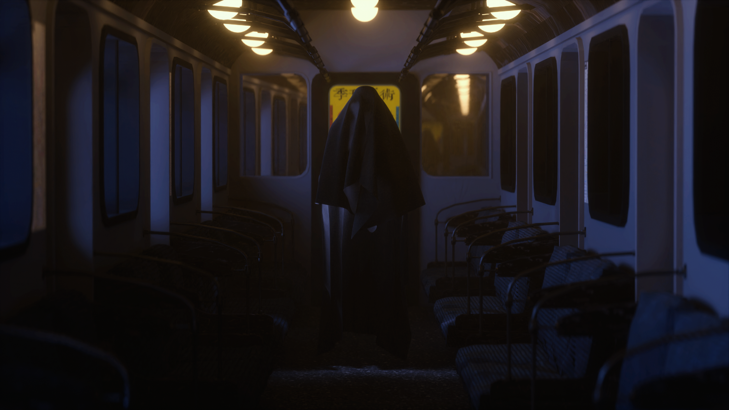 An empty subway car at night with a black figure standing in the middle, draped in a dark cloak or coat, facing forward. The interior is dimly lit with yellowish ceiling lights, and the windows are dark. There is a blurred yellow sign in the backgrou