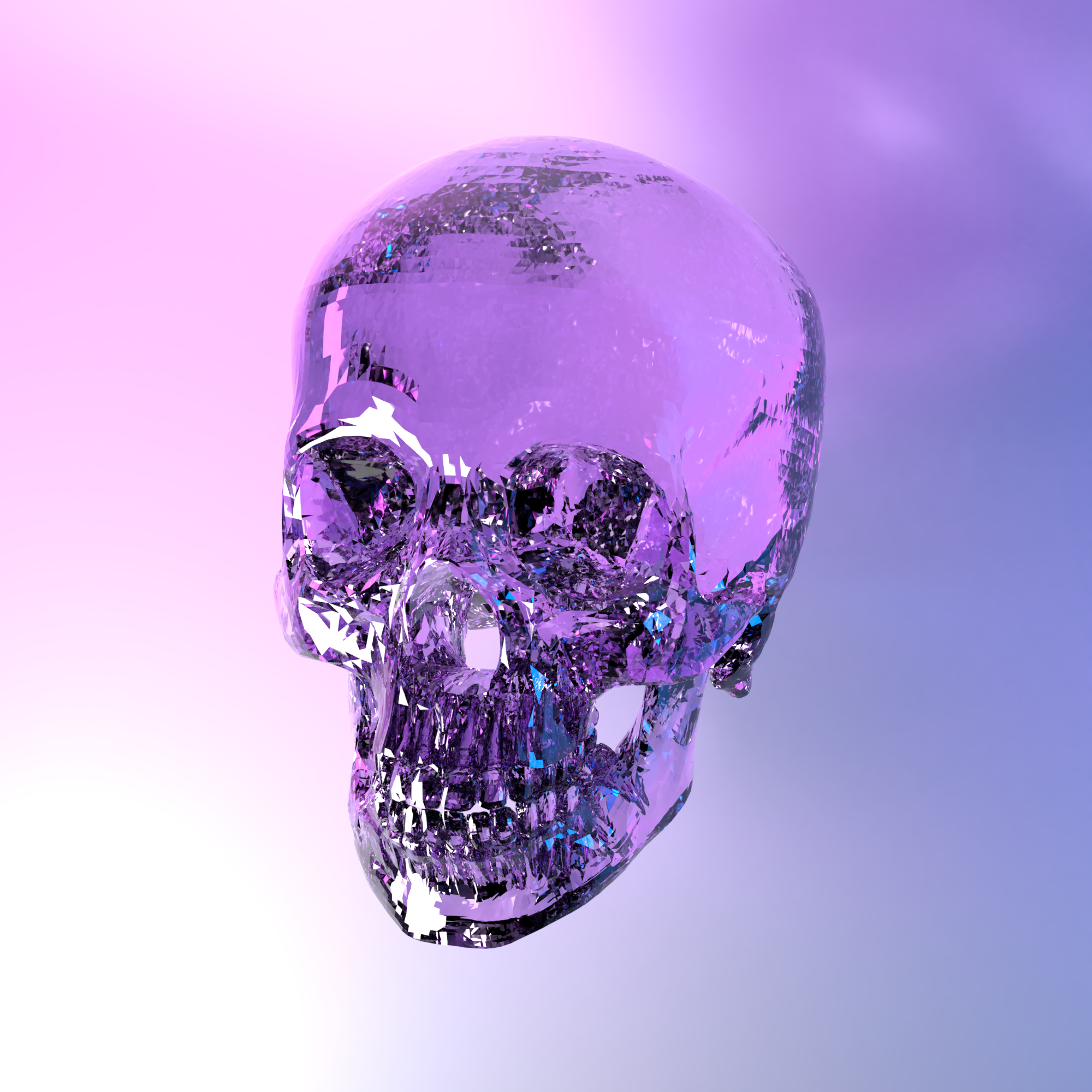 A 3D rendering of a transparent purple skull with faceted, glass-like surfaces, set against a gradient purple and blue background.