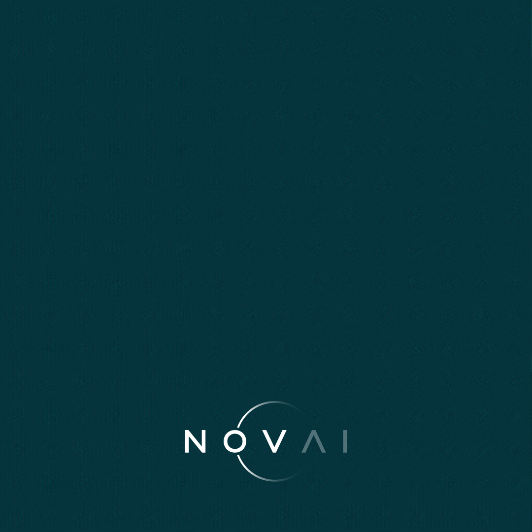 Dark teal background with the word 'NOVAI' at the bottom center in white and gray letters, with a semi-circular design element around the letter 'O'.