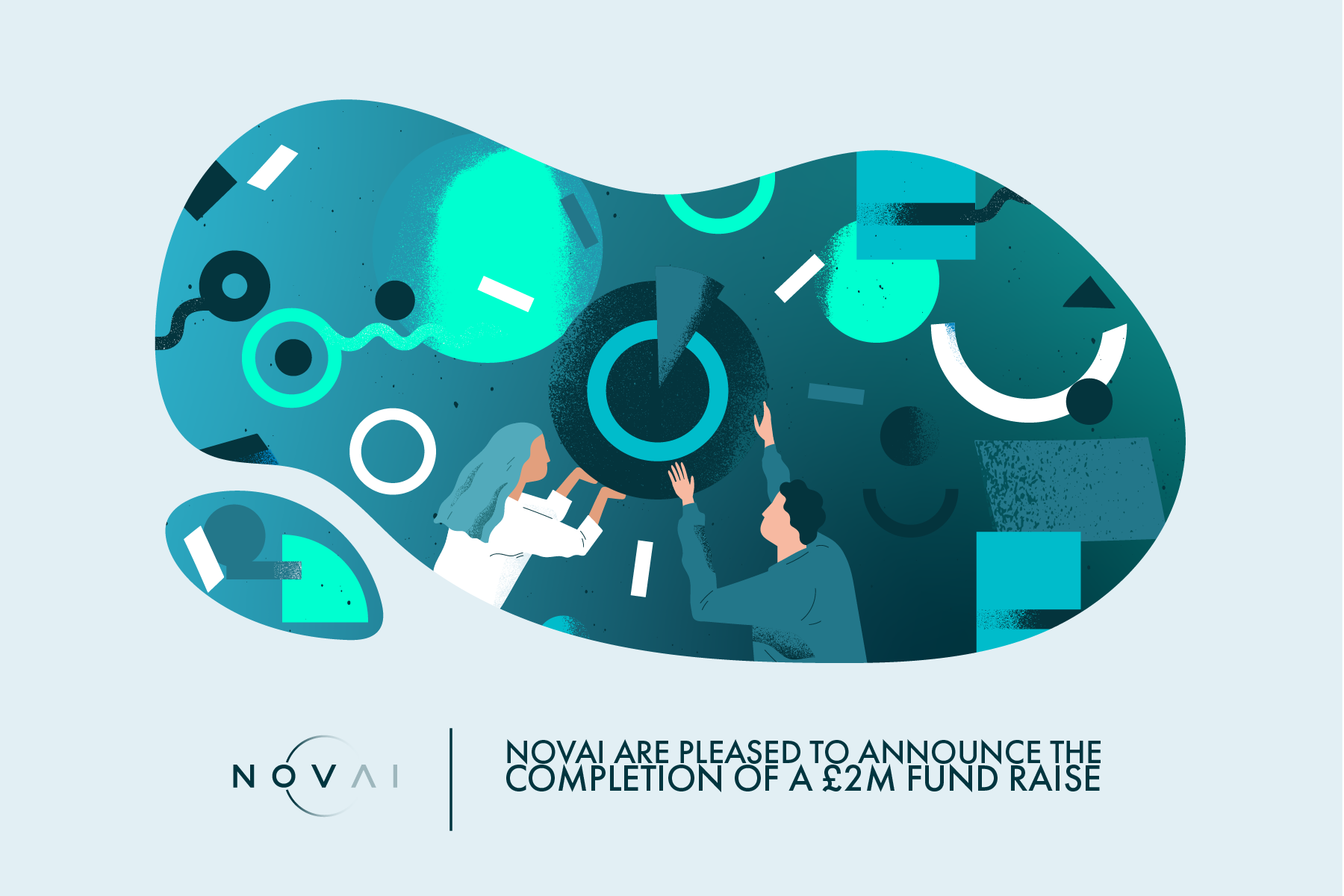 Illustration of two people holding a large clock surrounded by abstract shapes and lines, with text stating 'Novai are pleased to announce the completion of a £2M fund raise'.