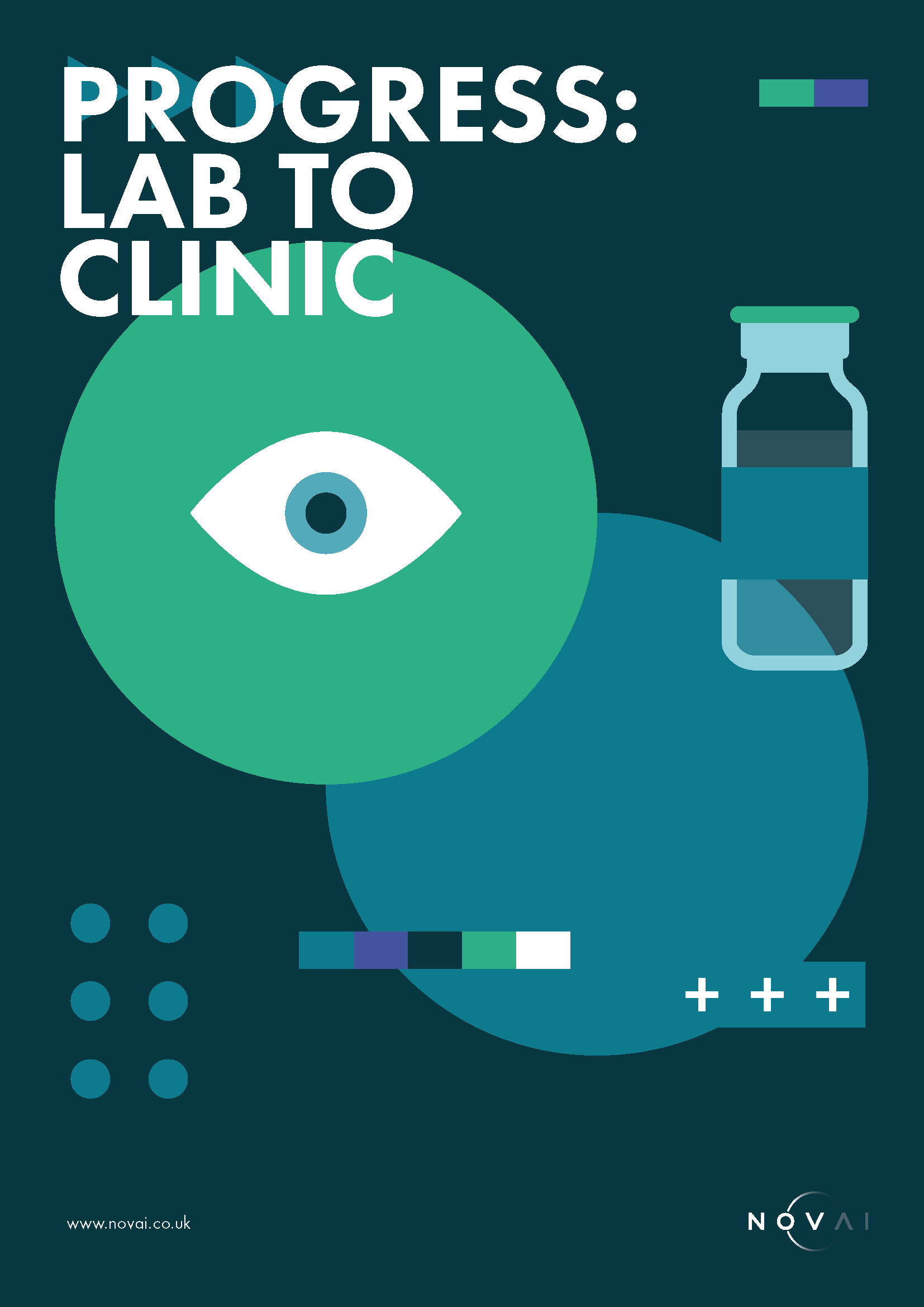 Graphic design poster with text 'Progress: Lab to Clinic' featuring an eye icon, a medicine vial, and abstract geometric shapes on a dark background.
