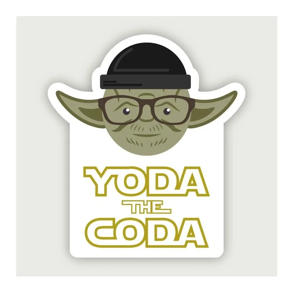 Sticker featuring Yoda from Star Wars wearing glasses and a cap, with the text "Yoda the Coda" in stylized yellow letters.