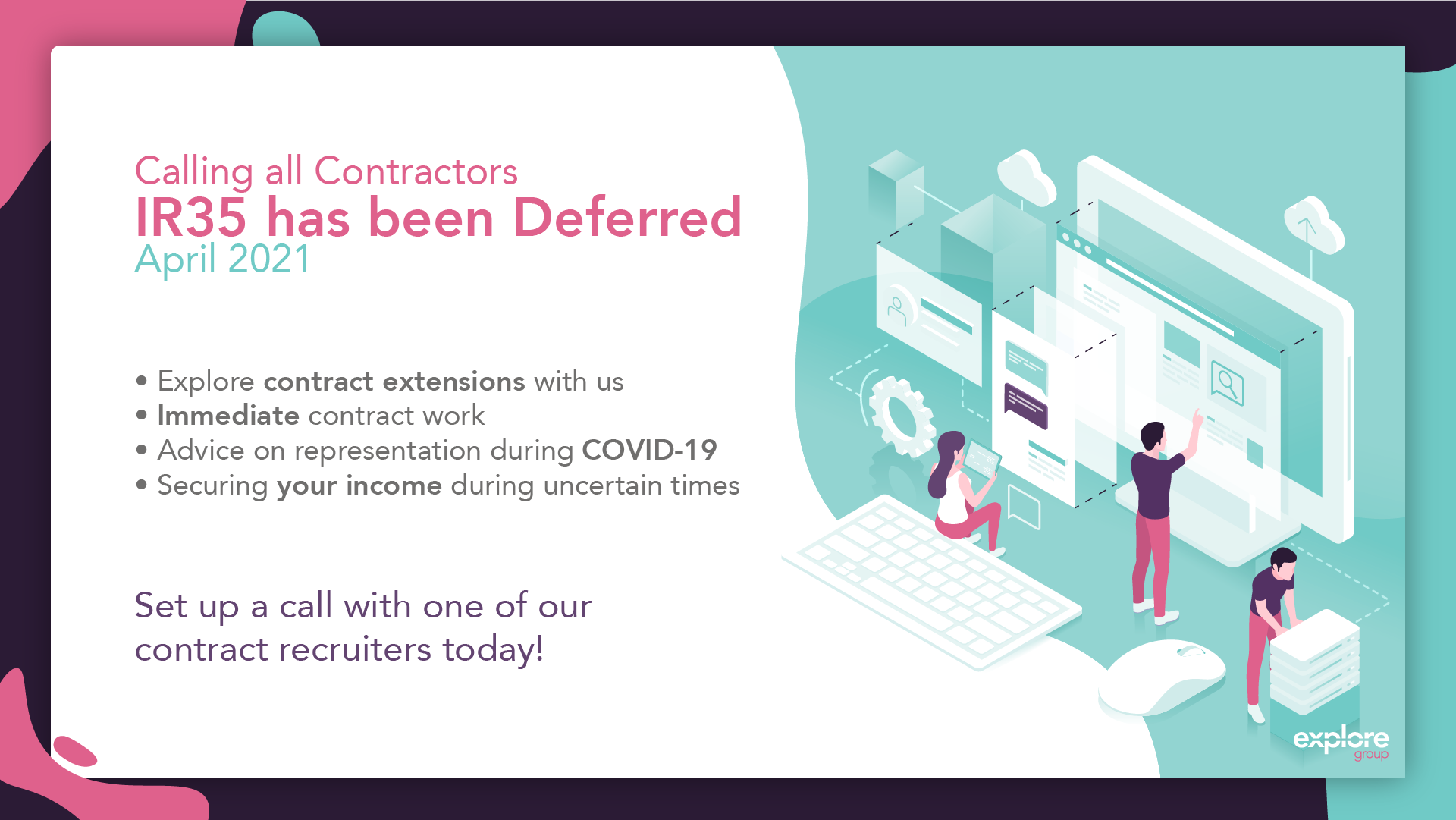 A digital illustration showing people working on a large computer screen with icons and documents, related to contract management, with a keyboard and mouse in the foreground, and clouds in the background, accompanying a business message about deferr