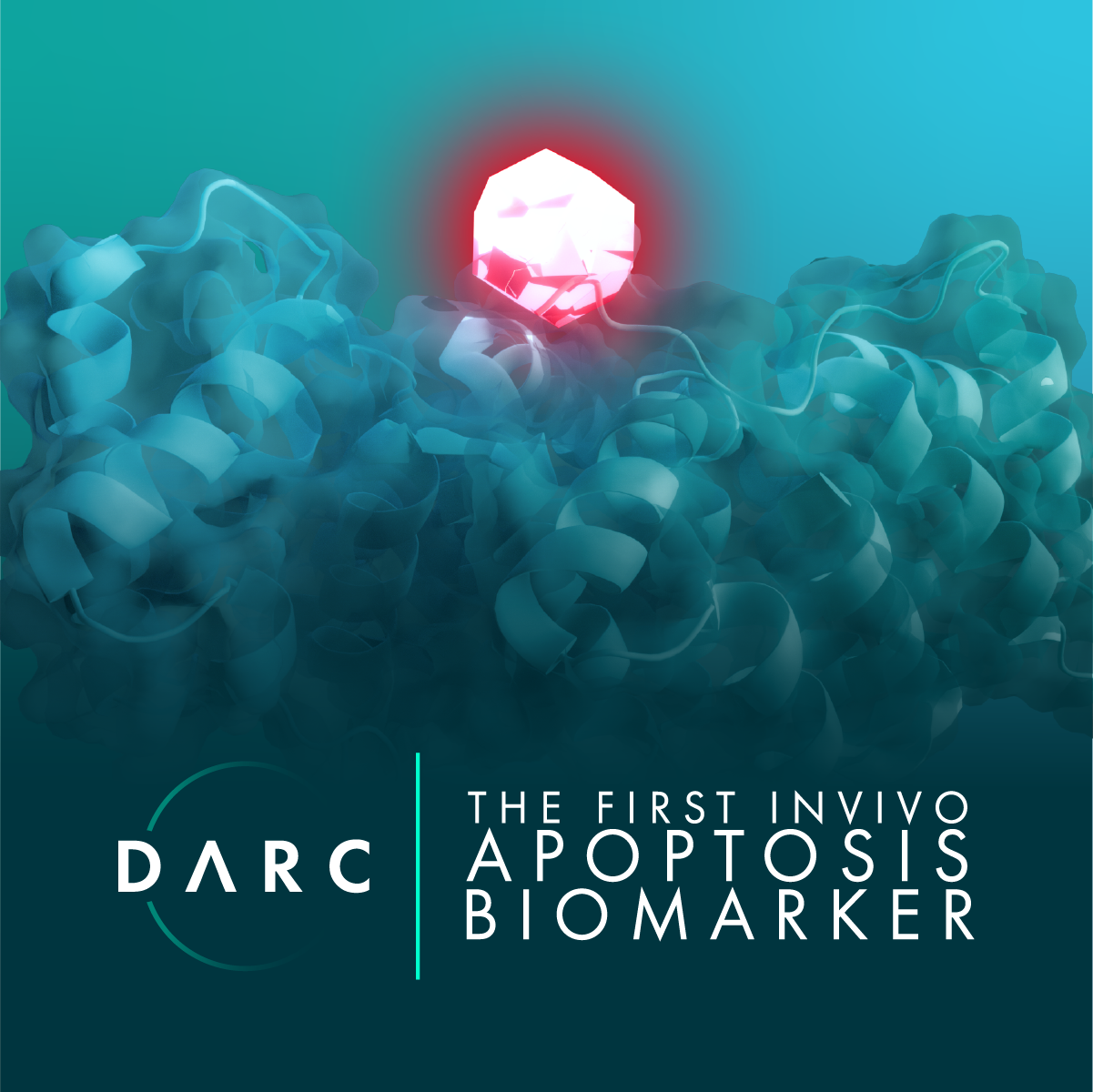 Digital illustration of an overturned red crystal biomarker among tangled blue ribbons with bold text promoting DARC, the first in vivo apoptosis biomarker.