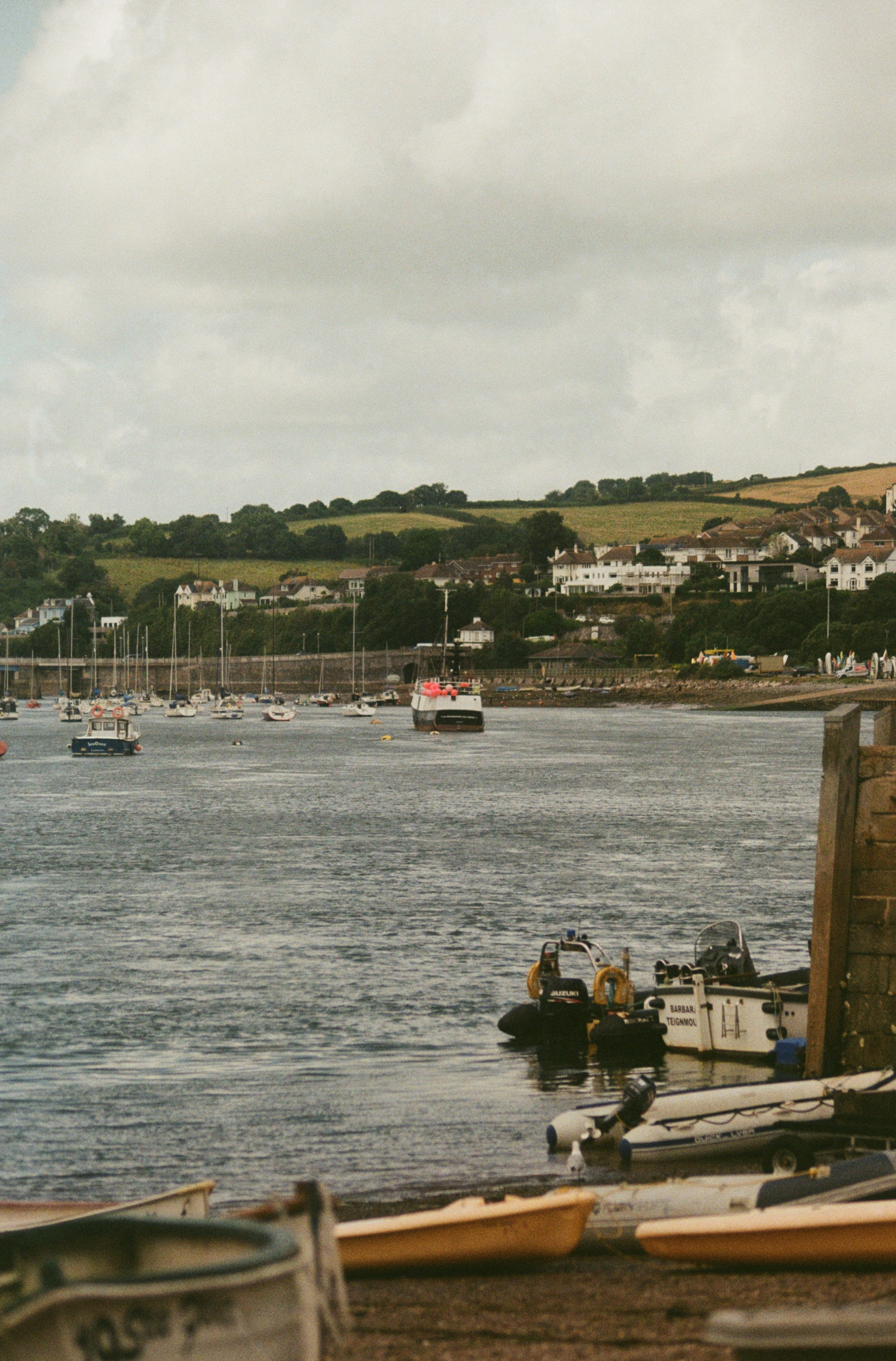 A harbor with boats and yachts on the water, with houses and green hills in the background under a cloudy sky.