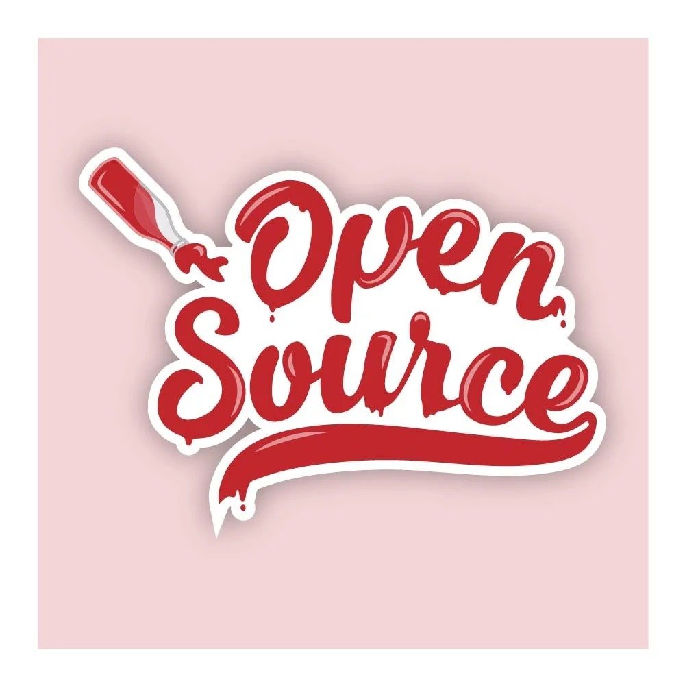 A sticker with the words "Open Source" in red, stylized text, accompanied by a red ketchup bottle illustration.