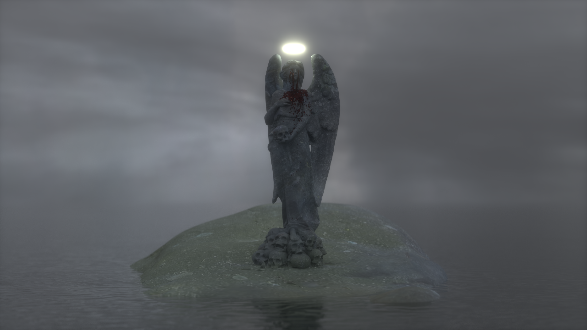 Statue of an angel with bloody wounds holding a humanoid figure, standing on a rock in water under a cloudy sky, illuminated by a halo of light.