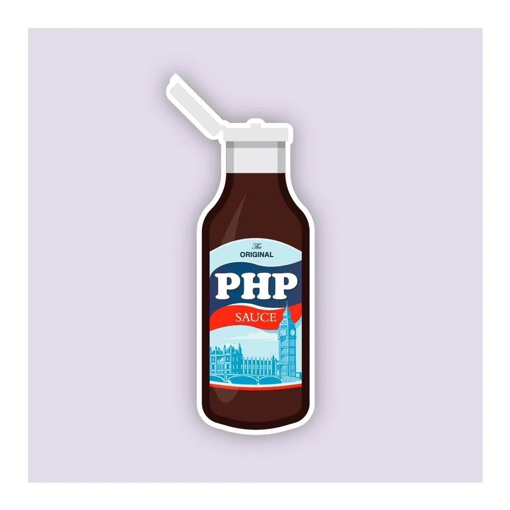 A sticker-style illustration of a bottle of soy sauce with a straw in the cap, featuring a label that reads 'The Original PHP Sauce' with an illustration of Big Ben and the Houses of Parliament in London.