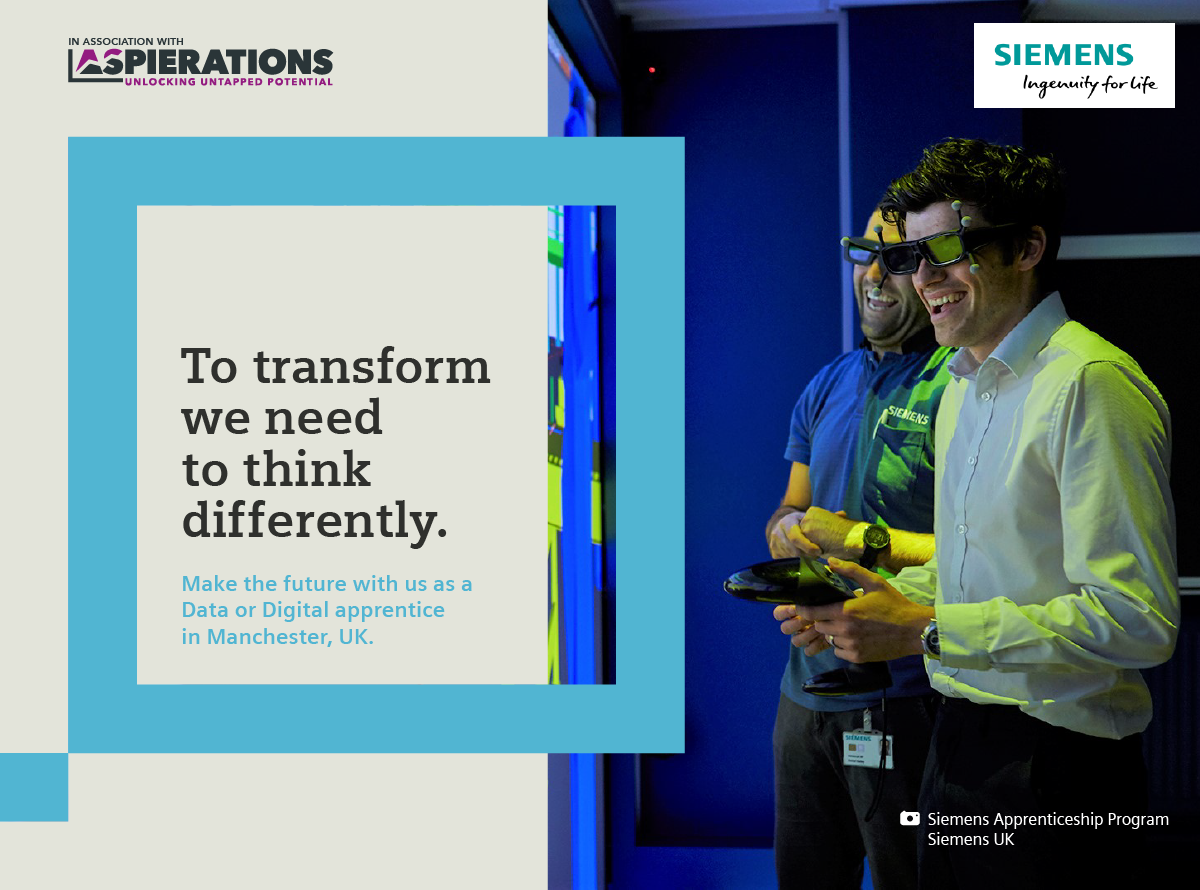 Two men, one wearing Siemens branding and the other in a white shirt with virtual reality glasses, are smiling and interacting at a Siemens apprenticeship event. A large screen displays a message about thinking differently to foster transformation, a