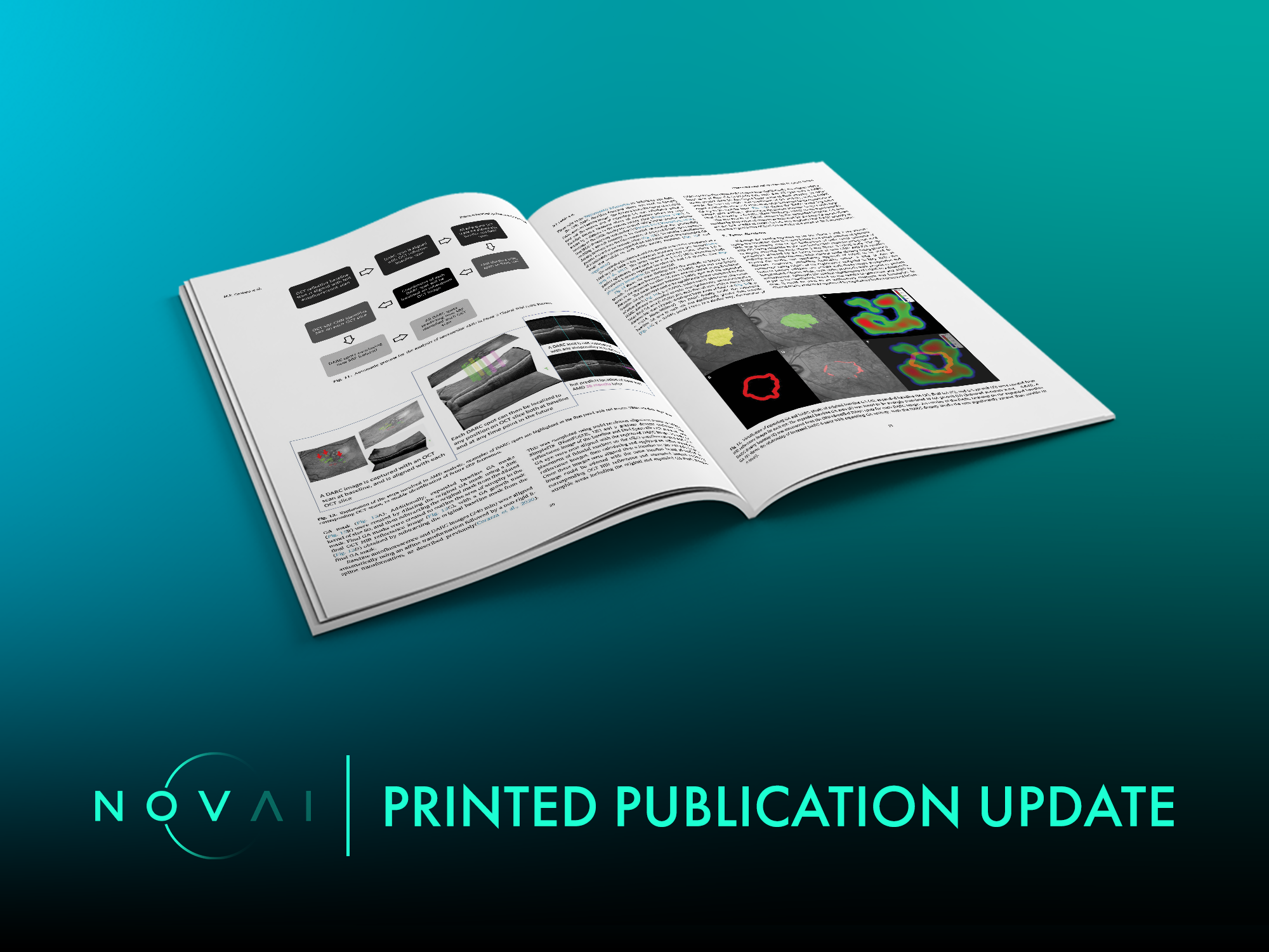 Open magazine displaying scientific diagrams, images, and text on a teal background with the text 'NOVAI PRINTED PUBLICATION UPDATE' at the bottom.