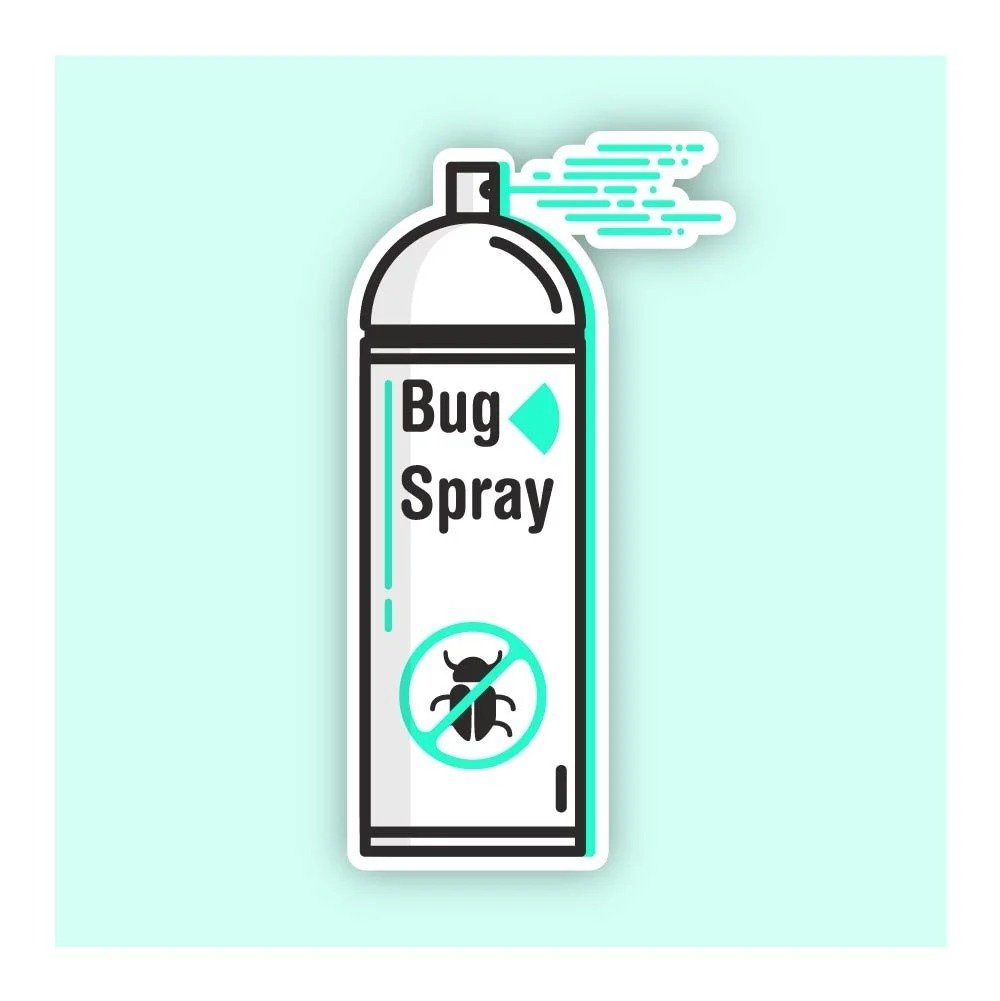Illustration of a bug spray can with a label that says 'Bug Spray' and a warning symbol of a bug crossed out.