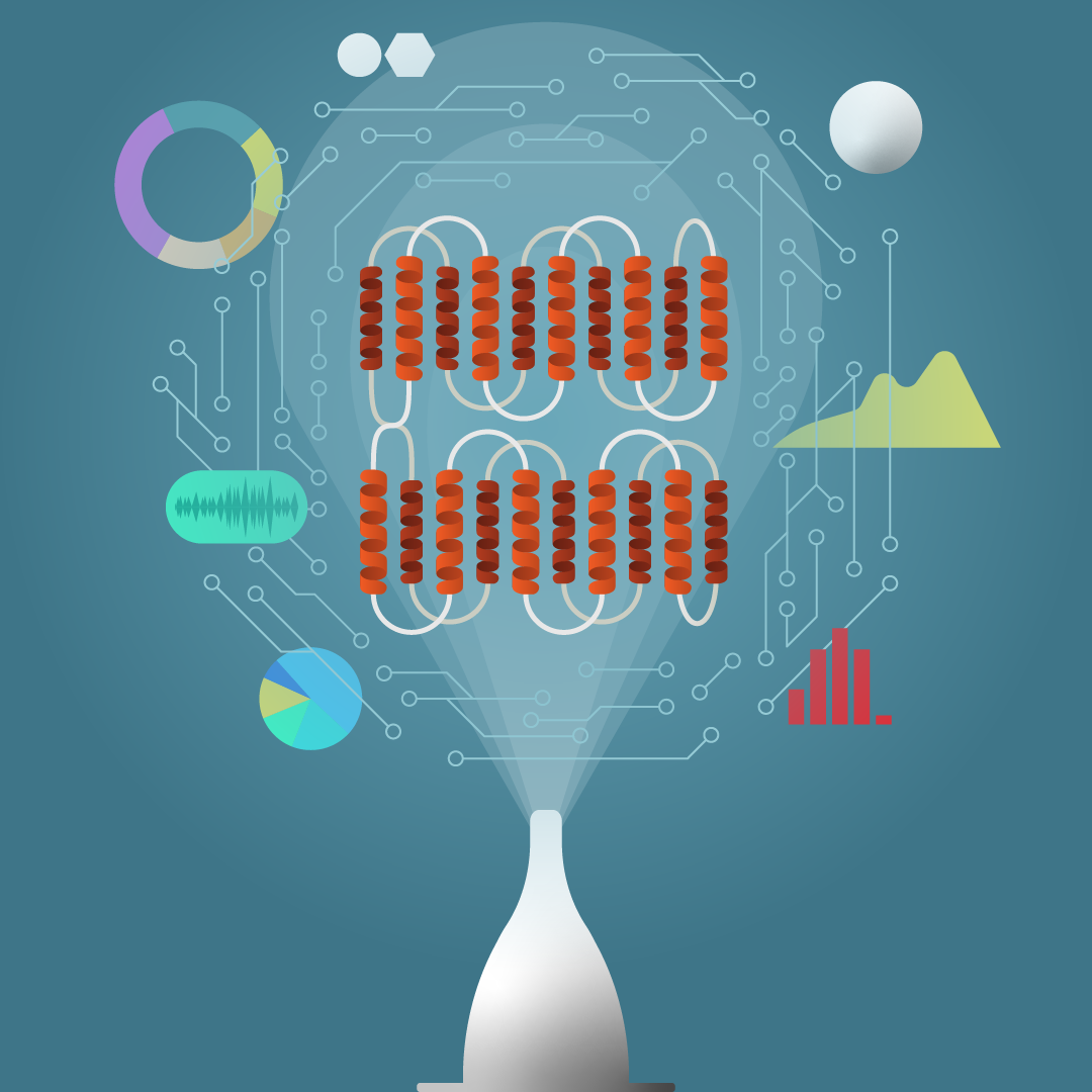 A digital illustration of a laboratory flask or beaker with various scientific data, graphs, and molecular diagrams emanating from it, symbolizing scientific research or data analysis.