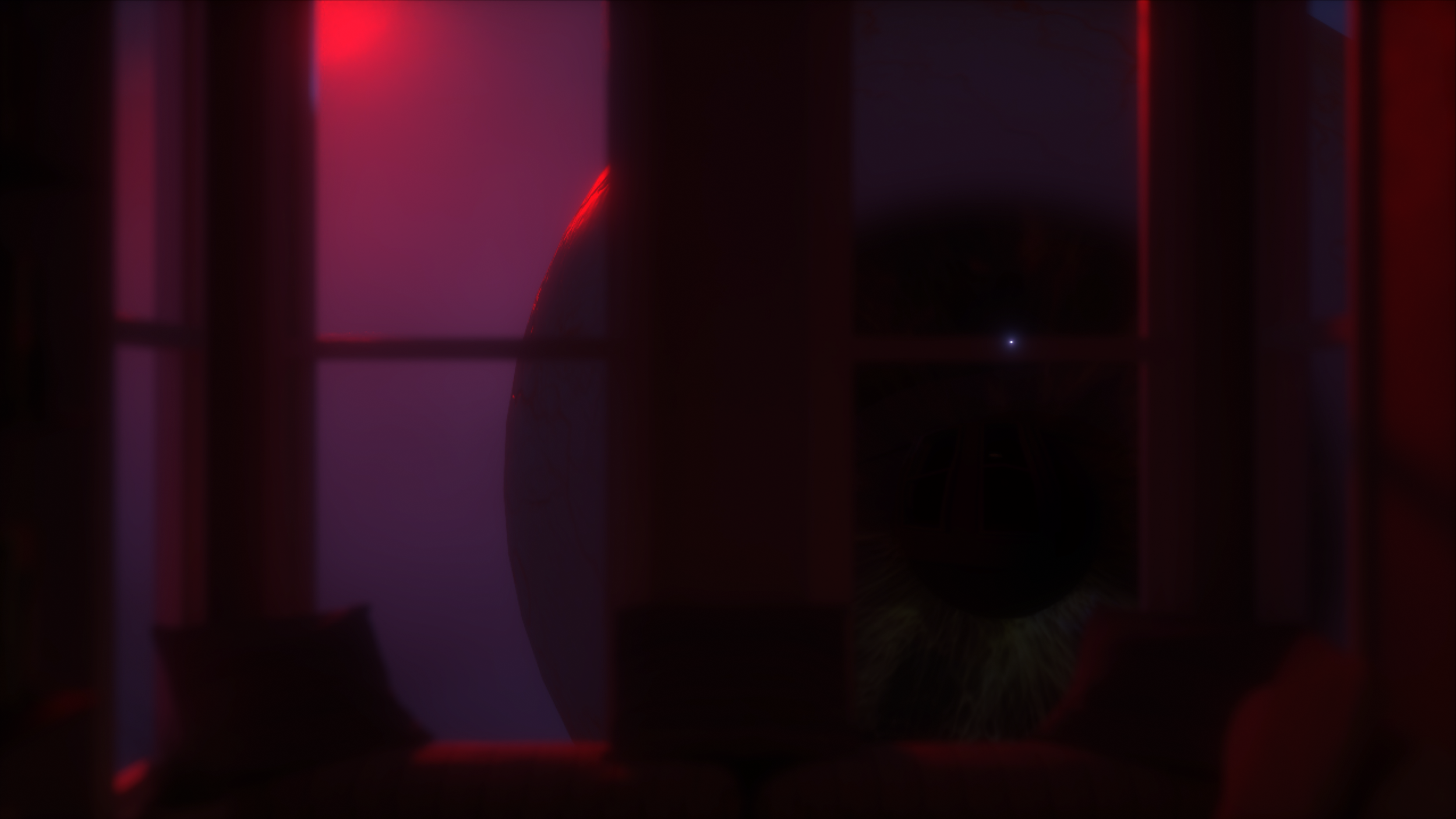 A view of Earth from space through a window with blinds, with a distant star and part of the Earth illuminated by red and purple light.