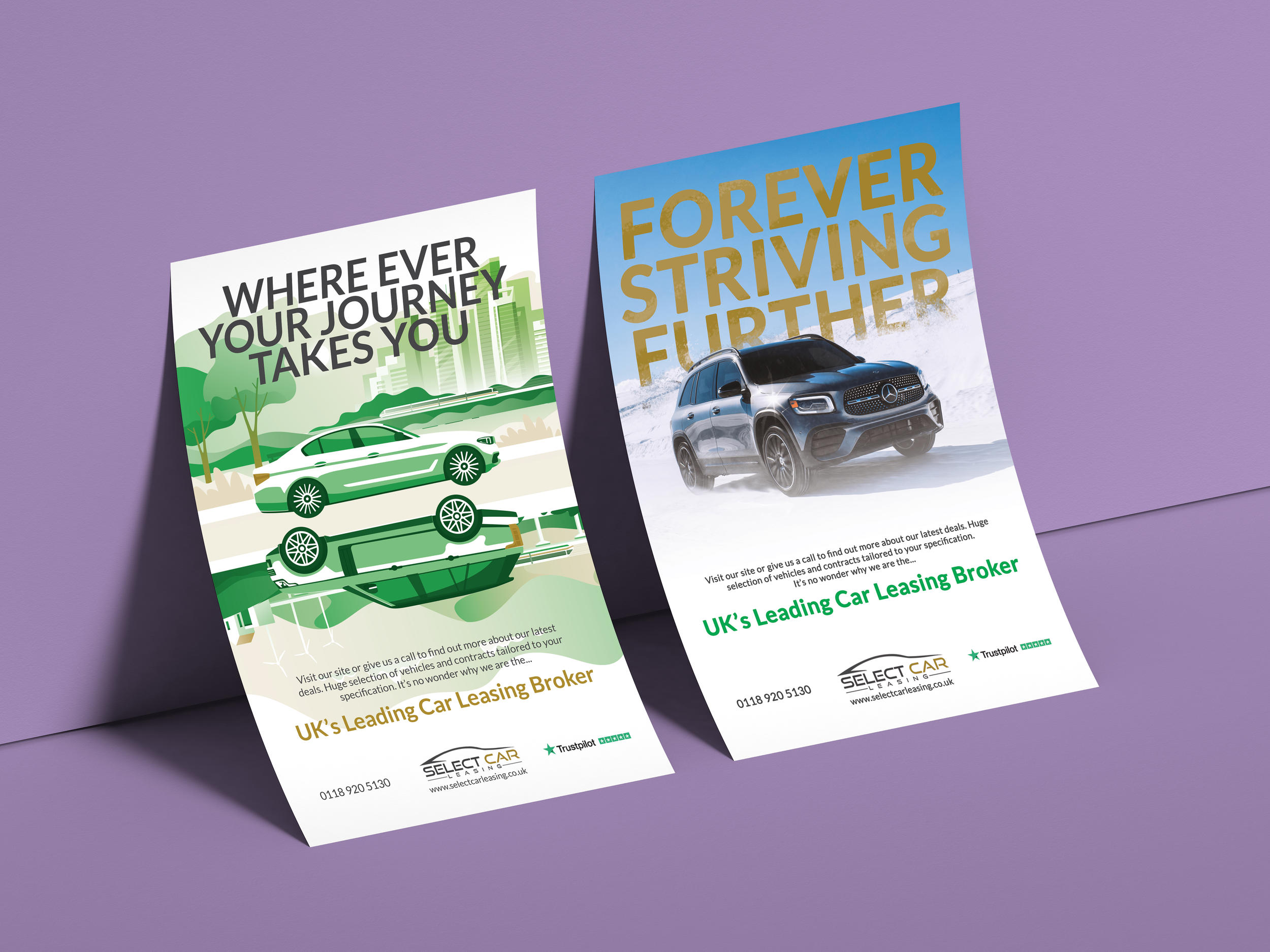 Two car leasing flyers lying on a purple surface. The left flyer has green text and illustration of cars and cityscape, the right flyer shows a black SUV on snow with large golden and green text.